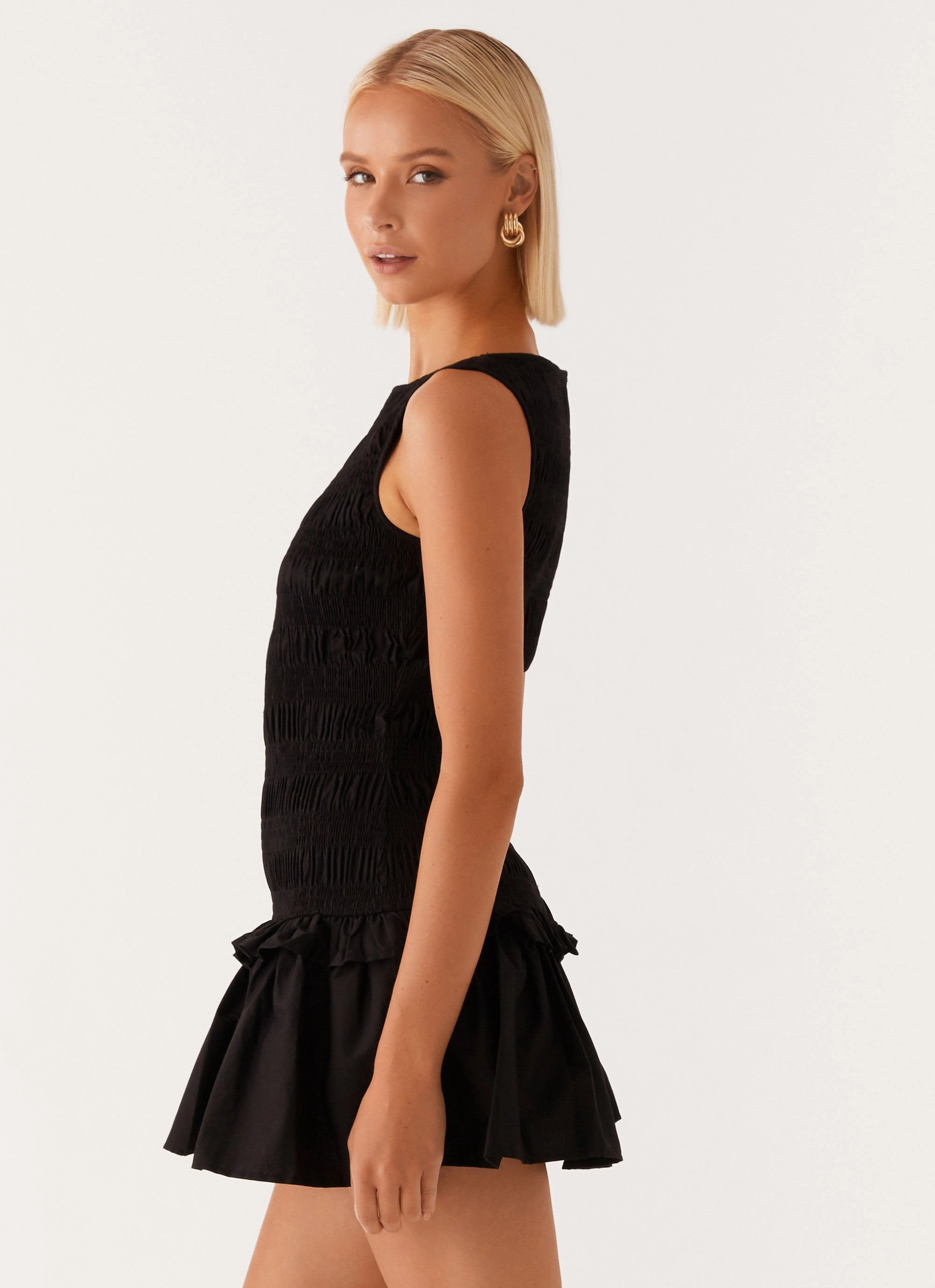 Flattering Design Wear Style focused Garden Kisses Shirred Mini Dress - Black