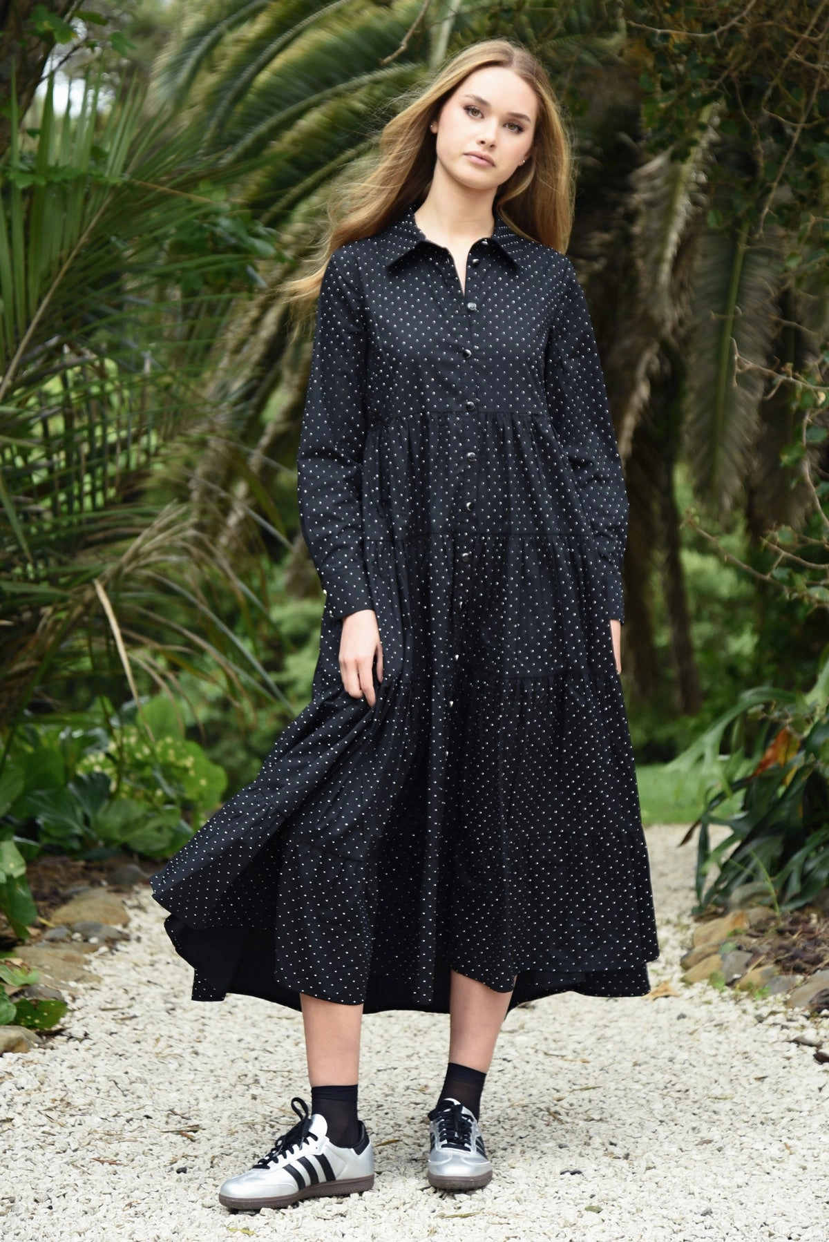 Sun & The Swoon Black Diamante LS Midi Dress Cafe Vibe