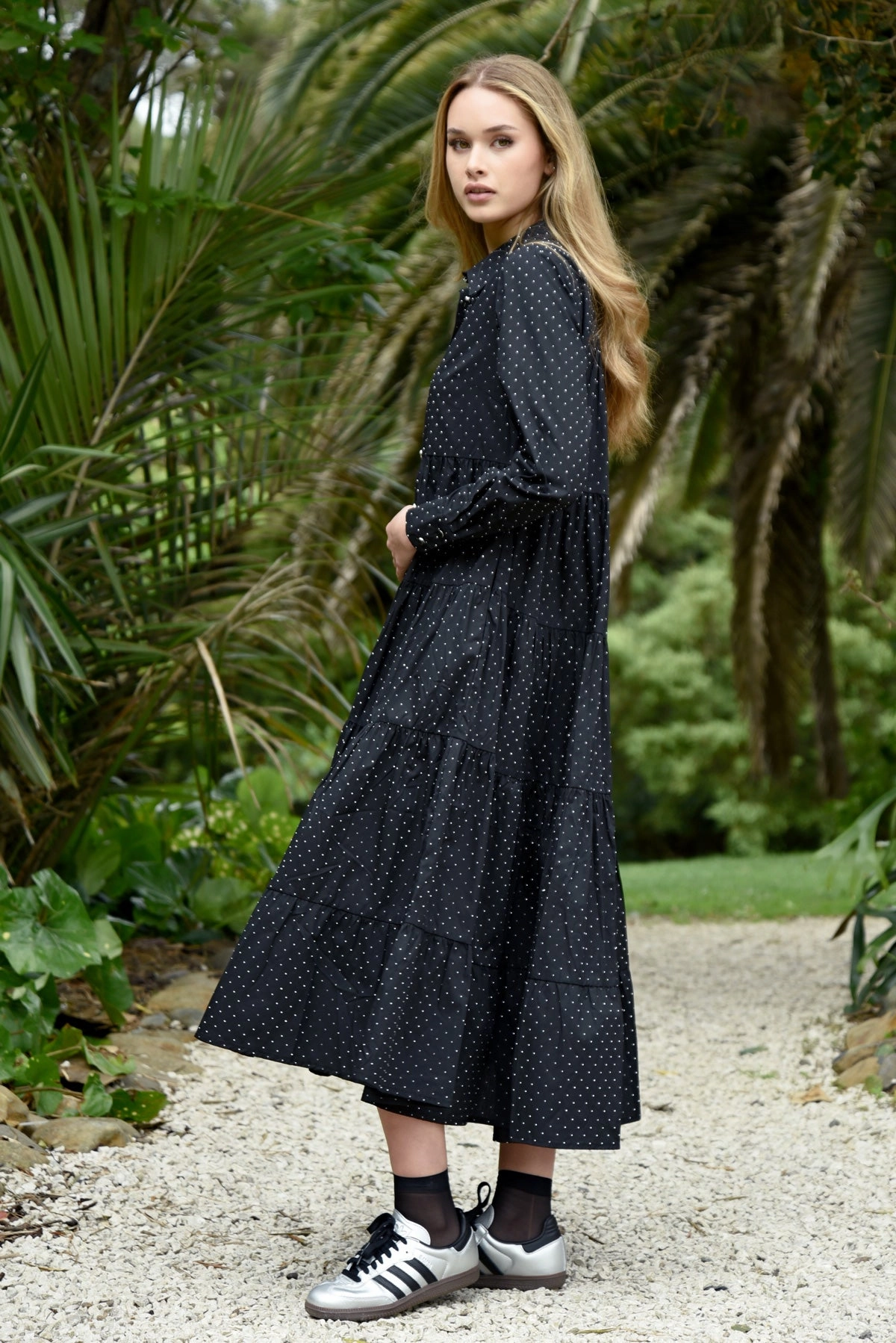 Sun & The Swoon Black Diamante LS Midi Dress Workwear Comfort