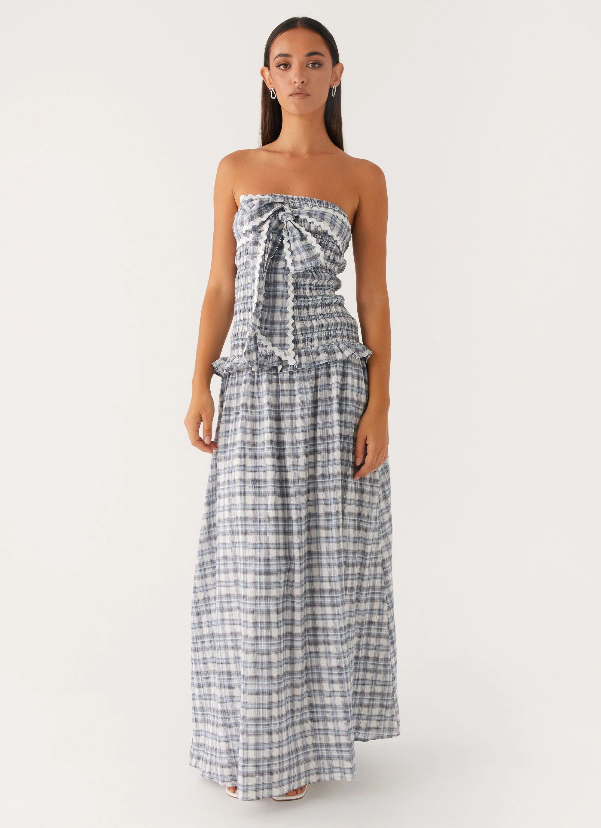 Modern Appearance Satin Fabric Malia Shirred Maxi Dress - Blue Grey Check