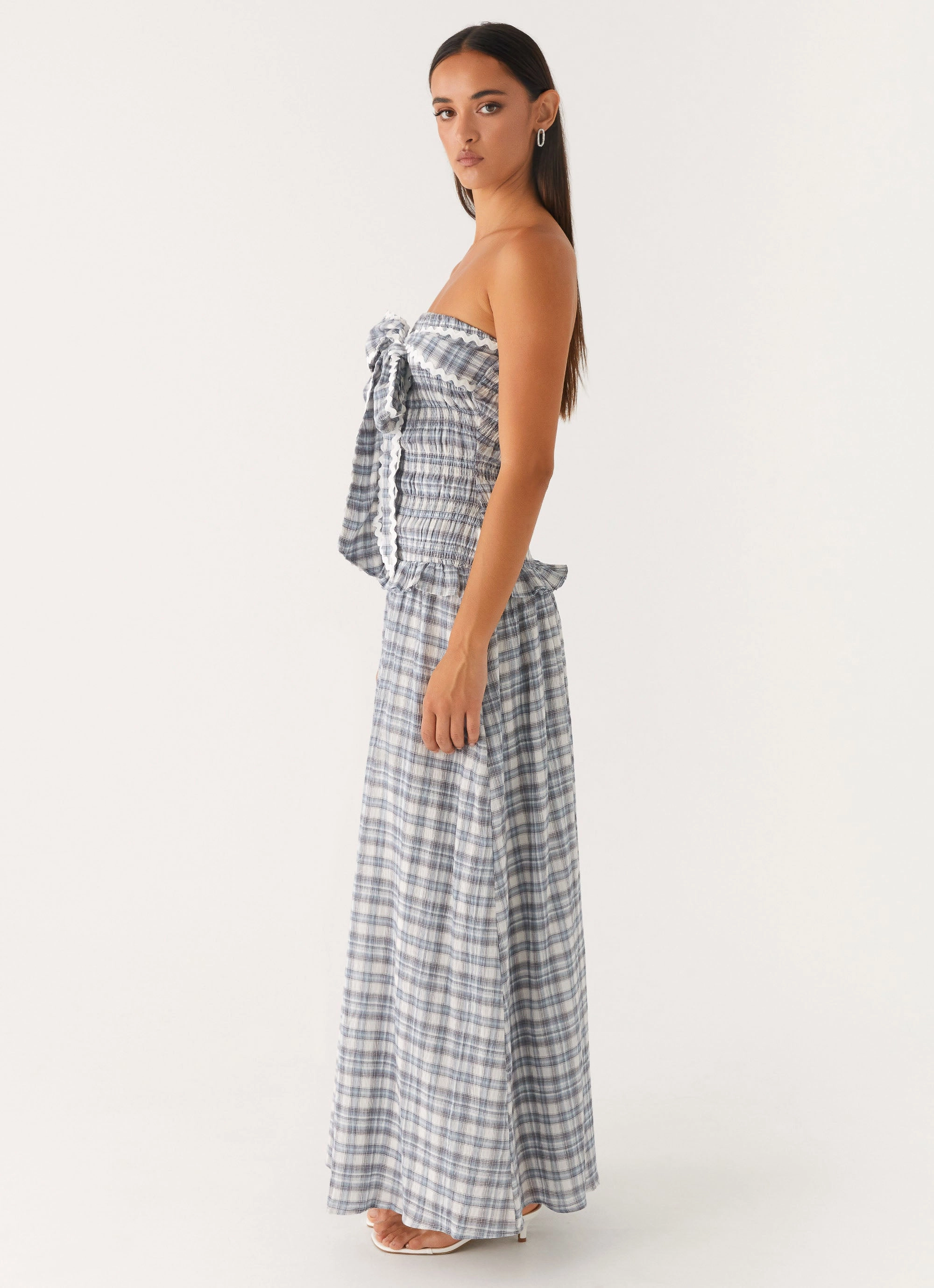 Malia Shirred Maxi Dress - Blue Grey Check Movement Friendly Night Mood