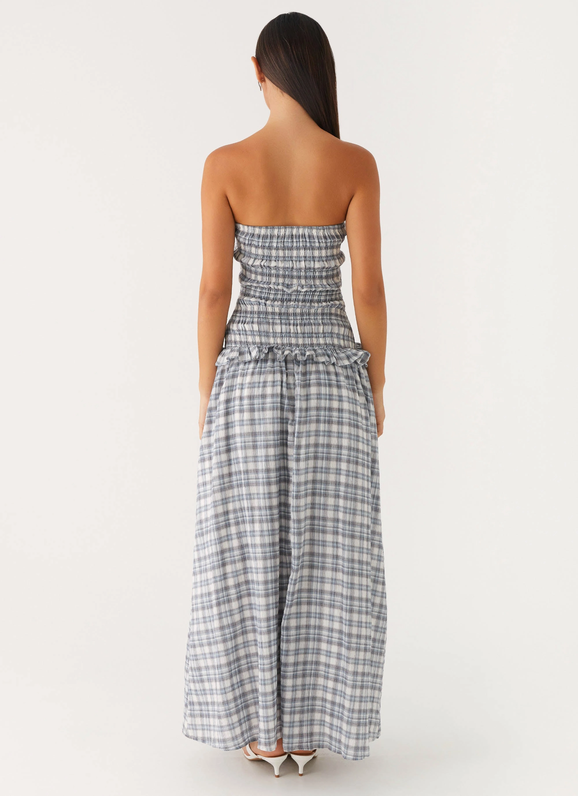 Photo Bright Malia Shirred Maxi Dress - Blue Grey Check