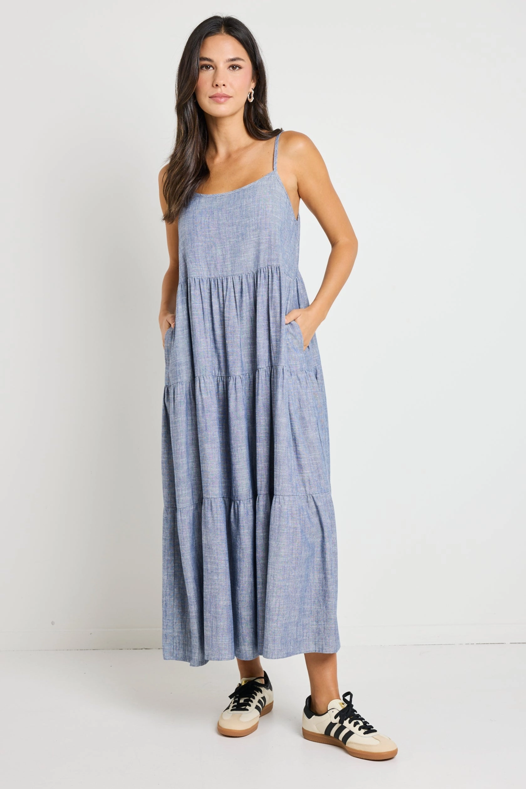 Simple Form Eden Chambray Blue Strappy Tiered Midi Dress