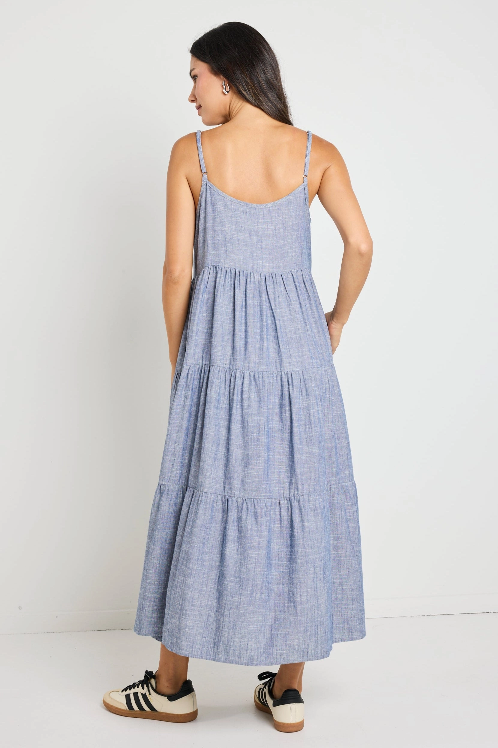 Eden Chambray Blue Strappy Tiered Midi Dress All Daywear Cute Glow