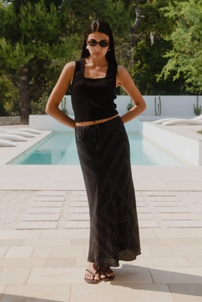 Inverted Pleats color block Summit Black Ivory Lines Viscose Blend Tie Waist Bias Maxi Skirt