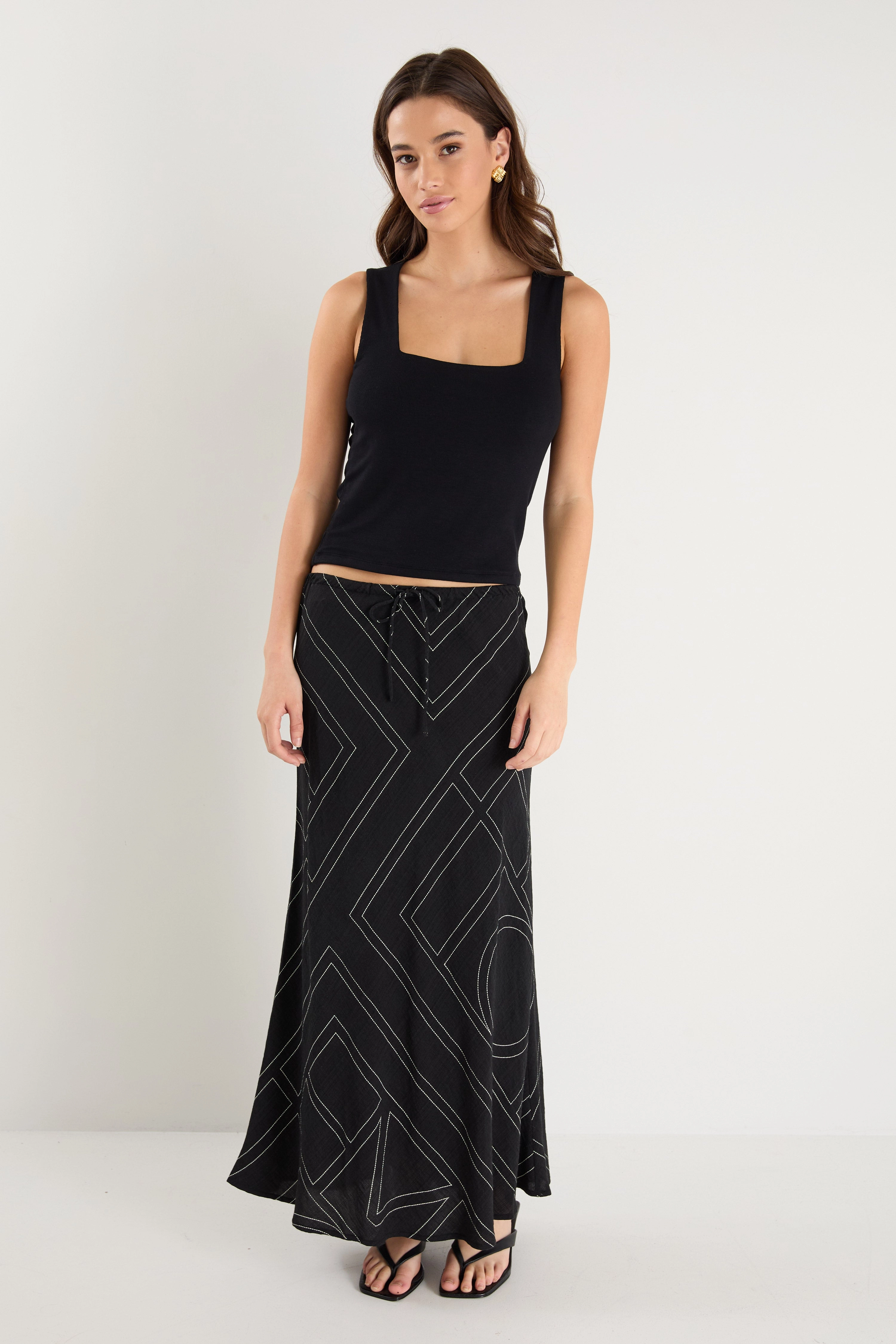 Summit Black Ivory Lines Viscose Blend Tie Waist Bias Maxi Skirt Neat Look Fresh Fit