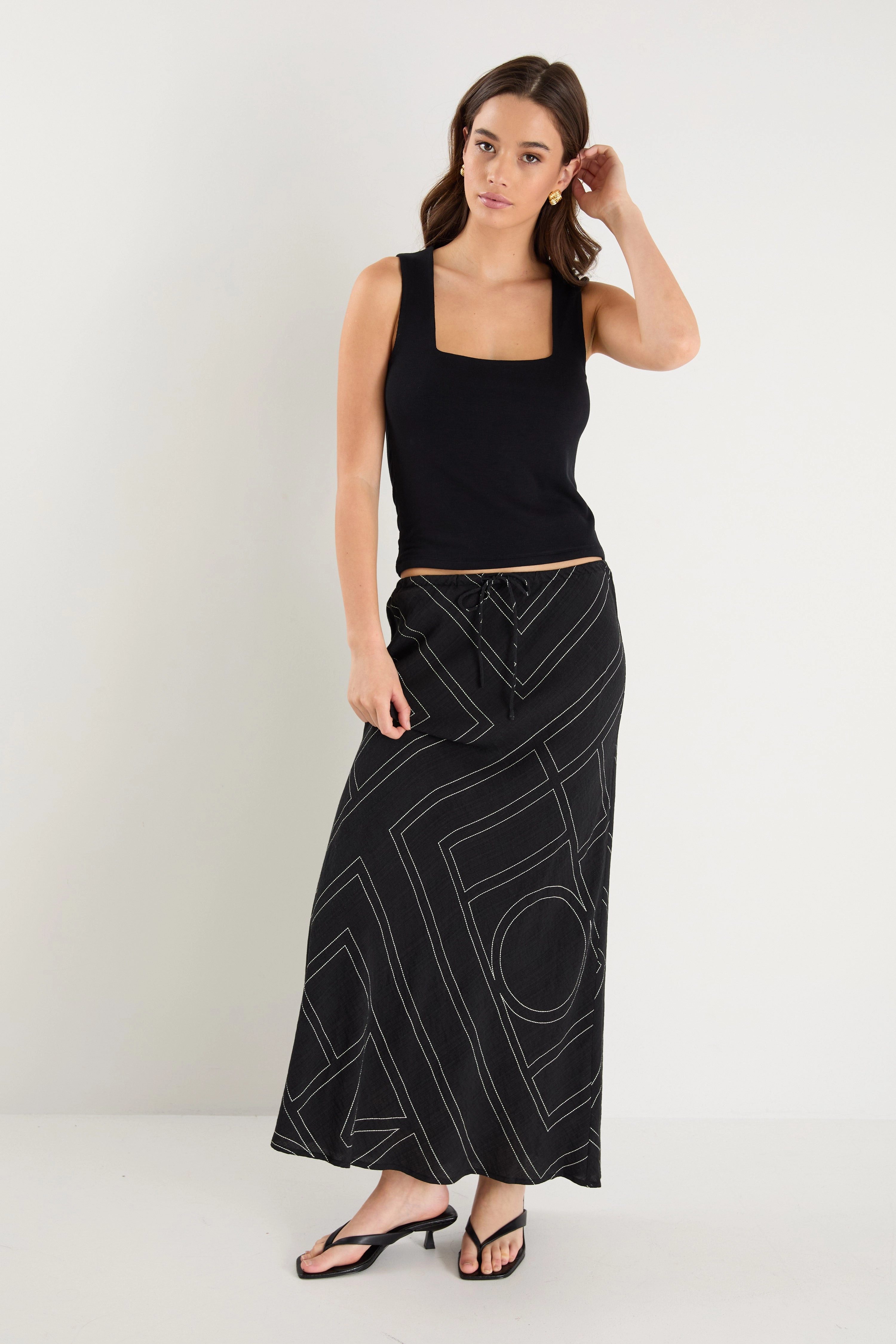 Summit Black Ivory Lines Viscose Blend Tie Waist Bias Maxi Skirt Mini length