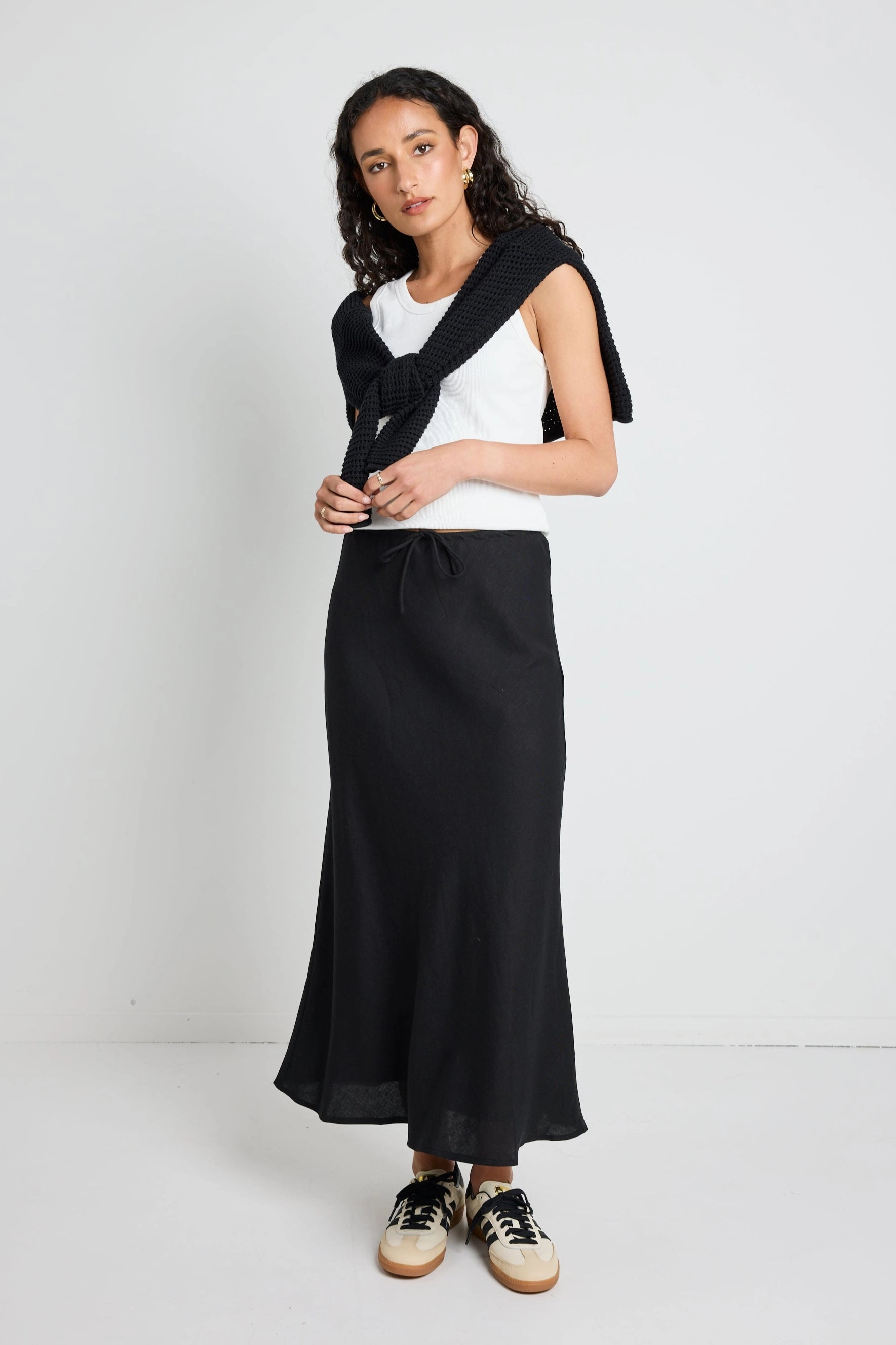 Outfit Combo Maternity Friendly Summit Black Linen Blend Tie Waist Bias Maxi Skirt