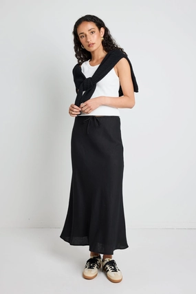 Outfit Combo Maternity Friendly Summit Black Linen Blend Tie Waist Bias Maxi Skirt