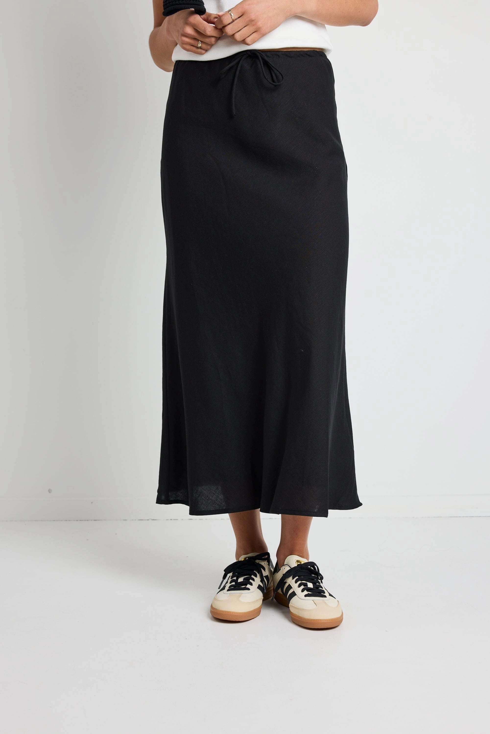 Summit Black Linen Blend Tie Waist Bias Maxi Skirt Gather Details