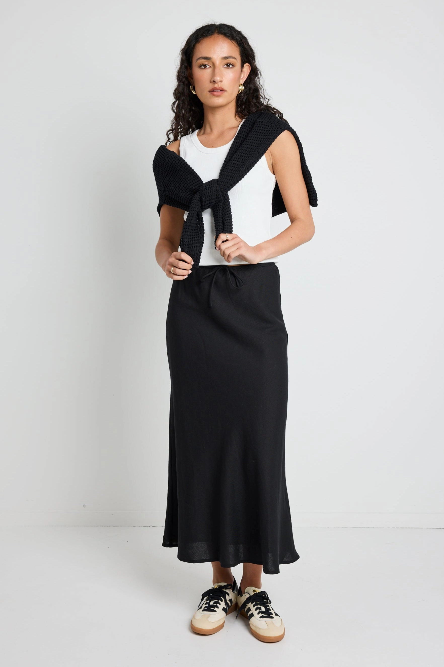 Summit Black Linen Blend Tie Waist Bias Maxi Skirt Local Artisan Editorial Look