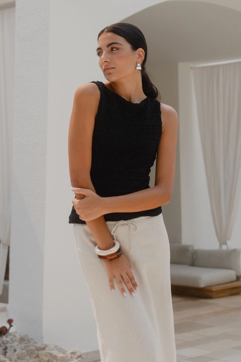 Summit Natural Linen Blend Tie Waist Bias Maxi Skirt Neutral Wear