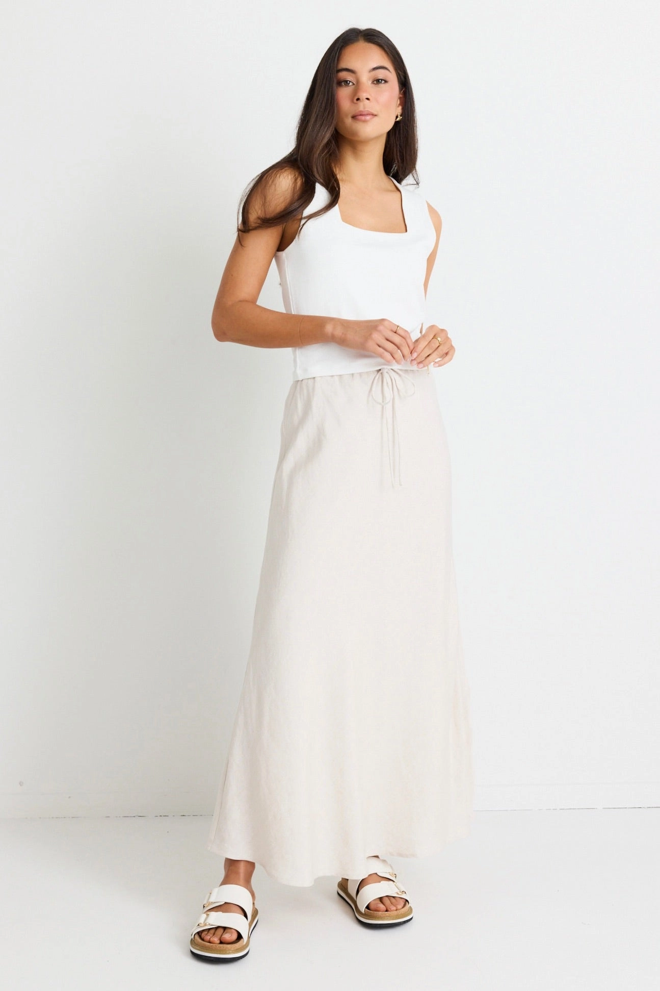 Subtle Mood Creative Layering Summit Natural Linen Blend Tie Waist Bias Maxi Skirt