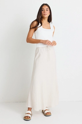 Subtle Mood Creative Layering Summit Natural Linen Blend Tie Waist Bias Maxi Skirt