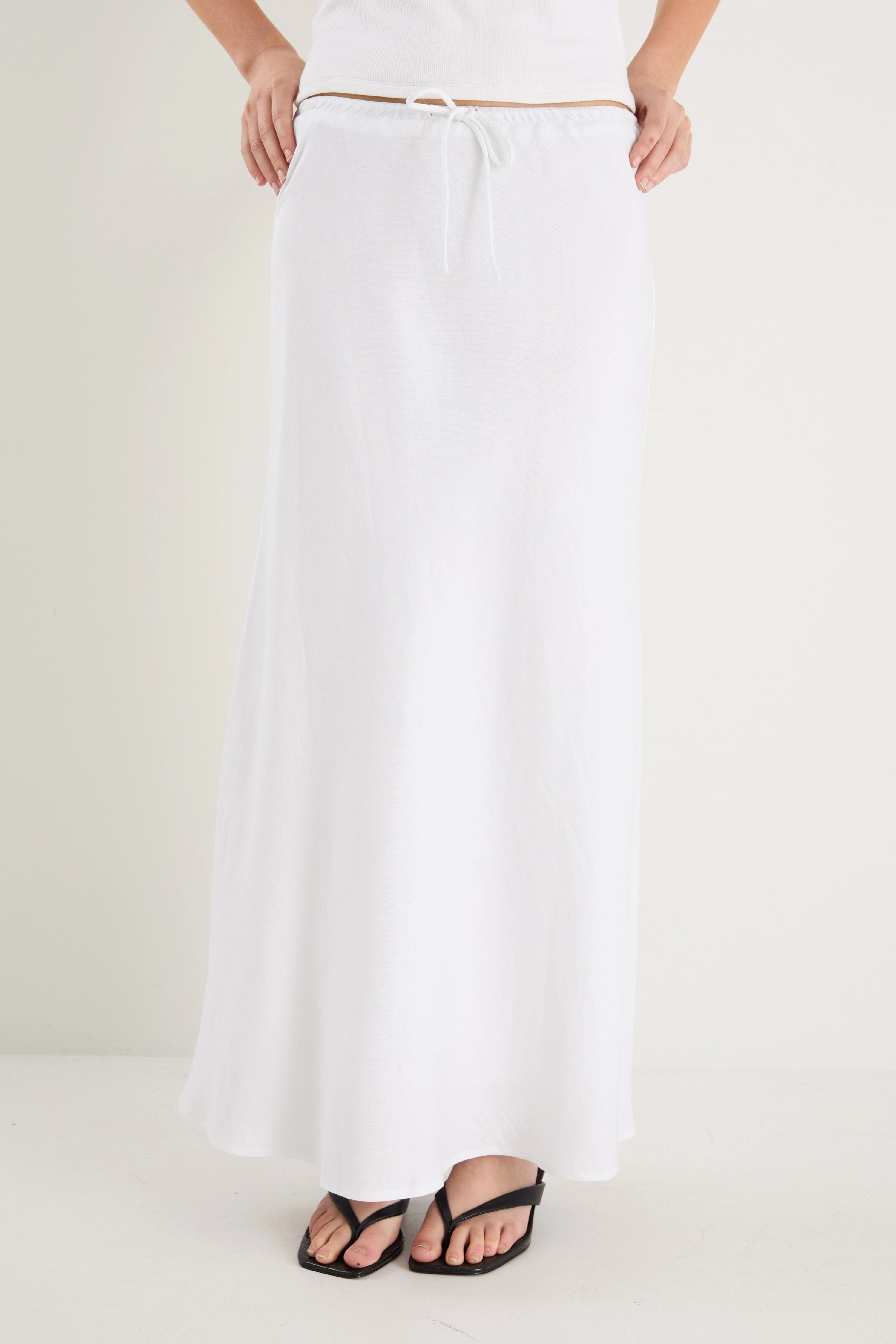 Jewel Tones Summit White Linen Blend Tie Waist Bias Maxi Skirt