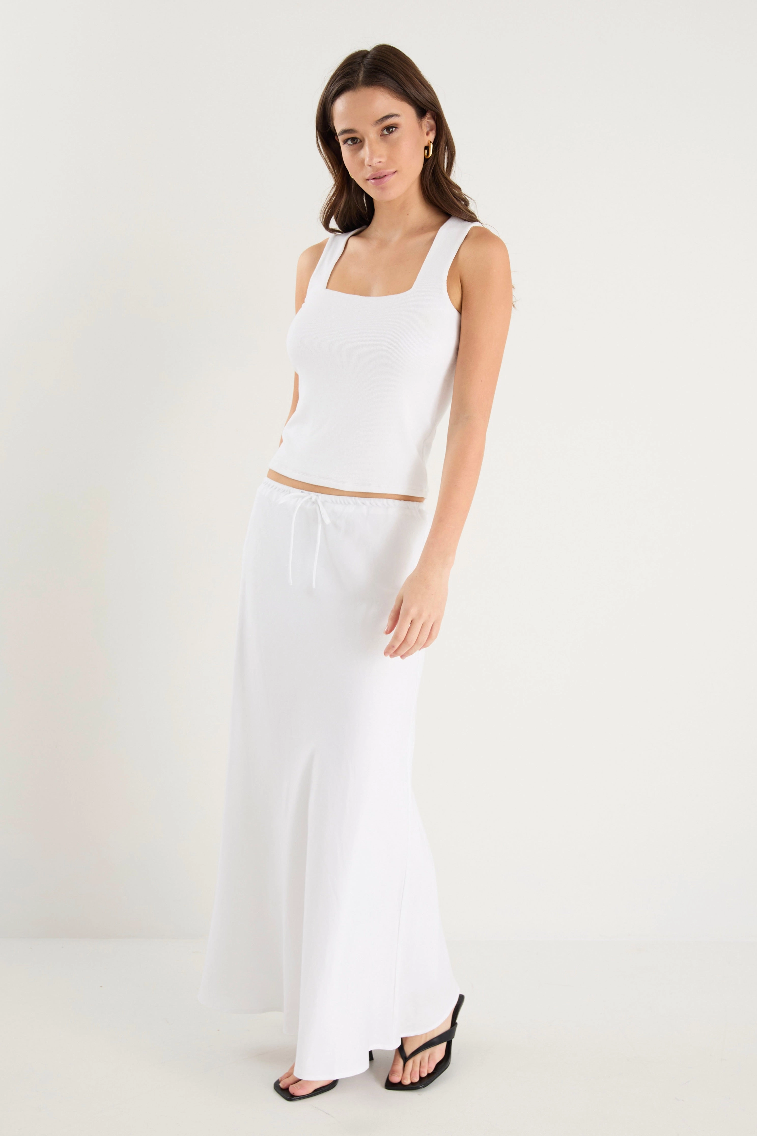 Light Mood Summit White Linen Blend Tie Waist Bias Maxi Skirt