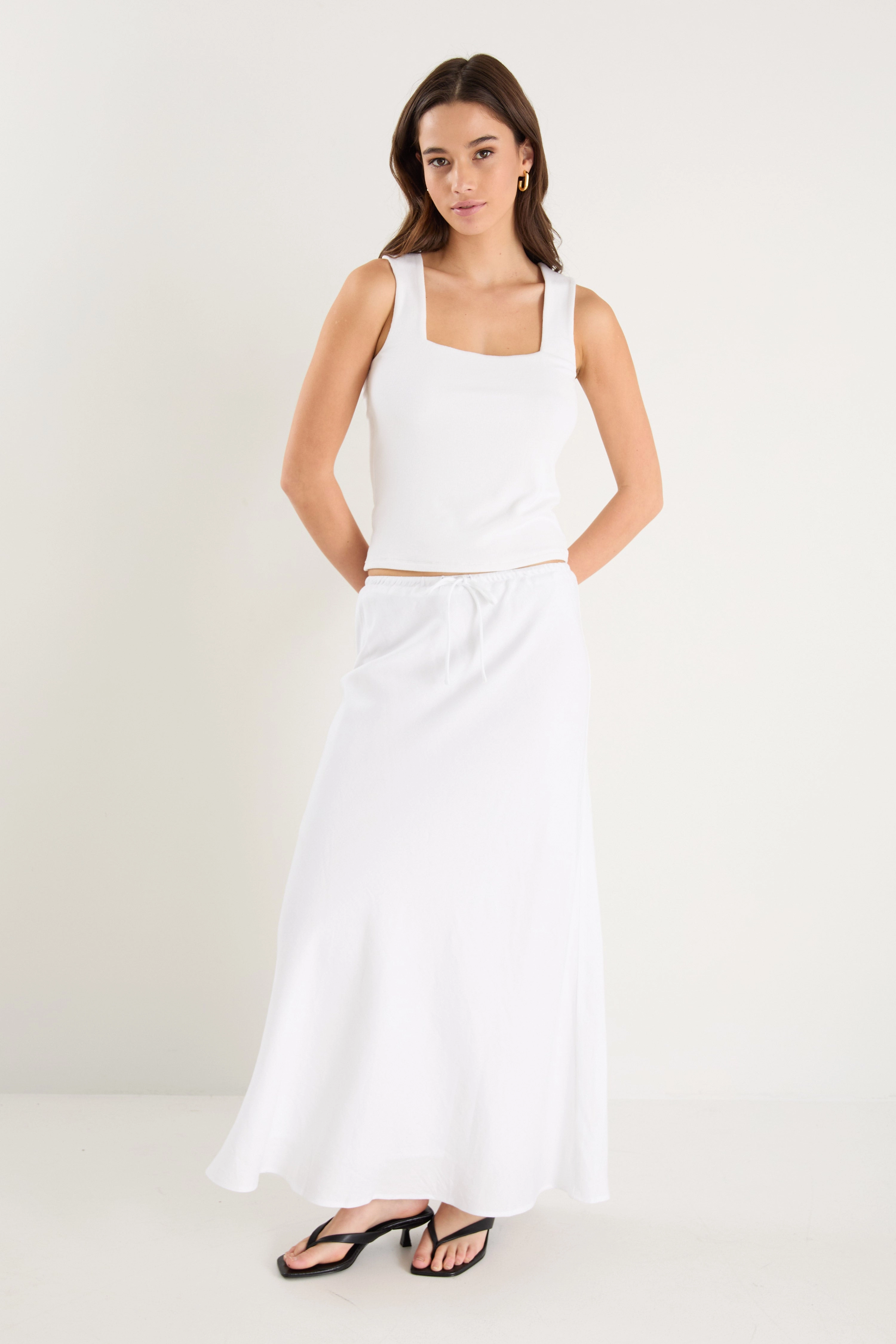Summit White Linen Blend Tie Waist Bias Maxi Skirt Flared hem Occasion Dressing