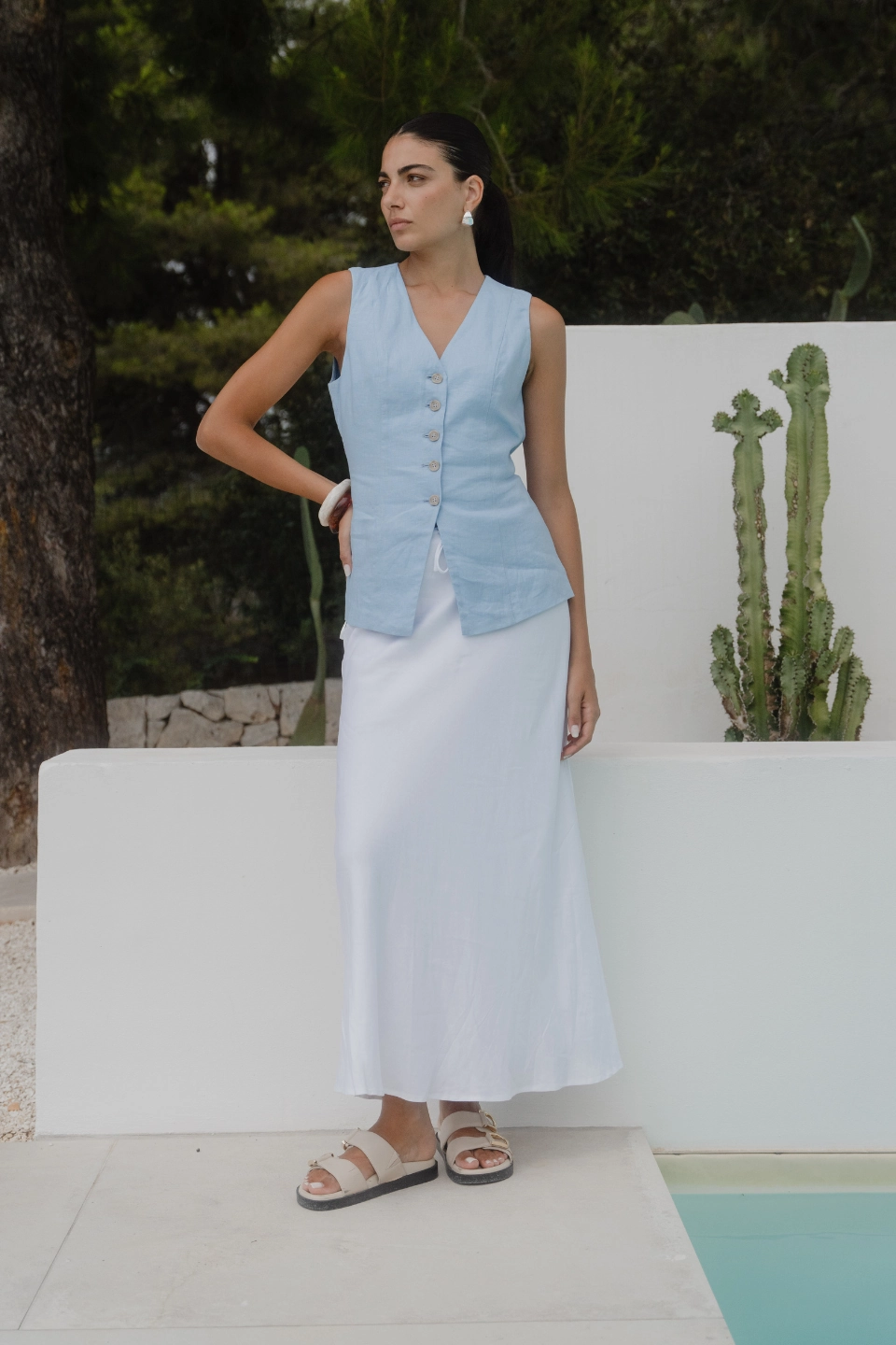 Trend Ready Polished Touch Summit White Linen Blend Tie Waist Bias Maxi Skirt