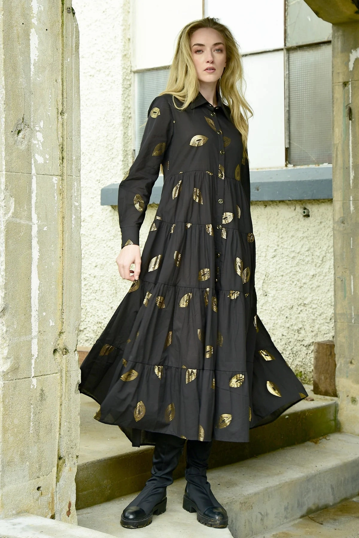 Sun & The Swoon Black Gold Detail Maxi Dress Layering-Piece