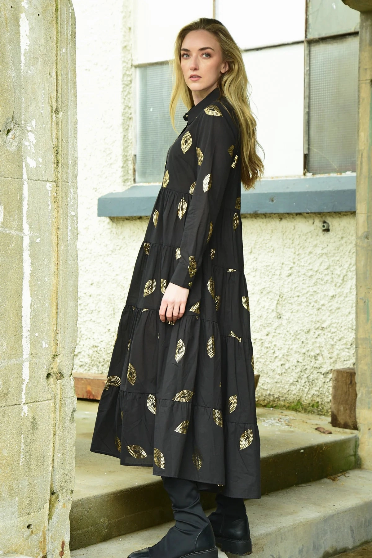 Sun & The Swoon Black Gold Detail Maxi Dress Grace Soft