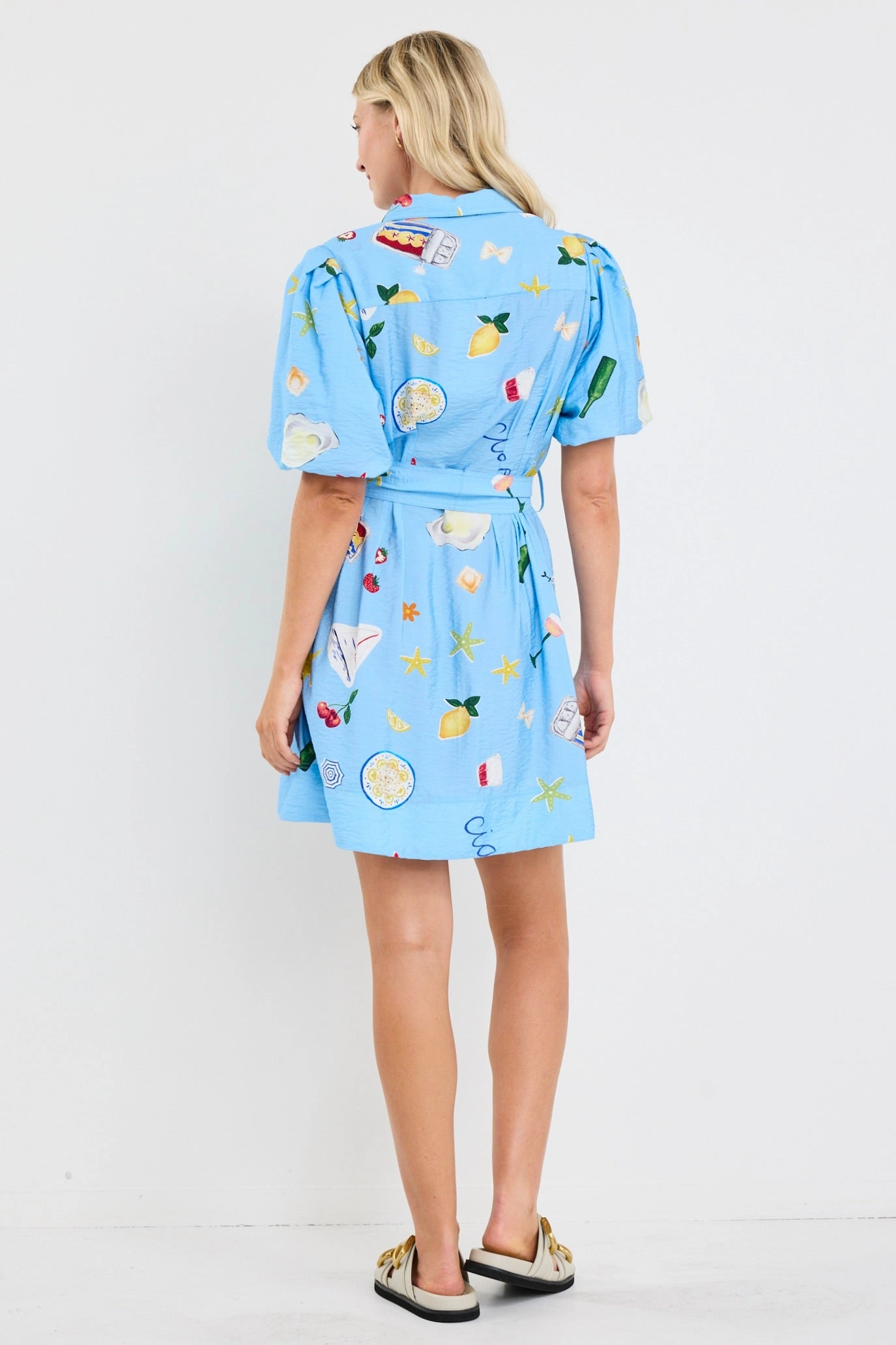 Art Inspired Sundown Blue Holiday Puff Short Sleeve Mini Shirt Dress