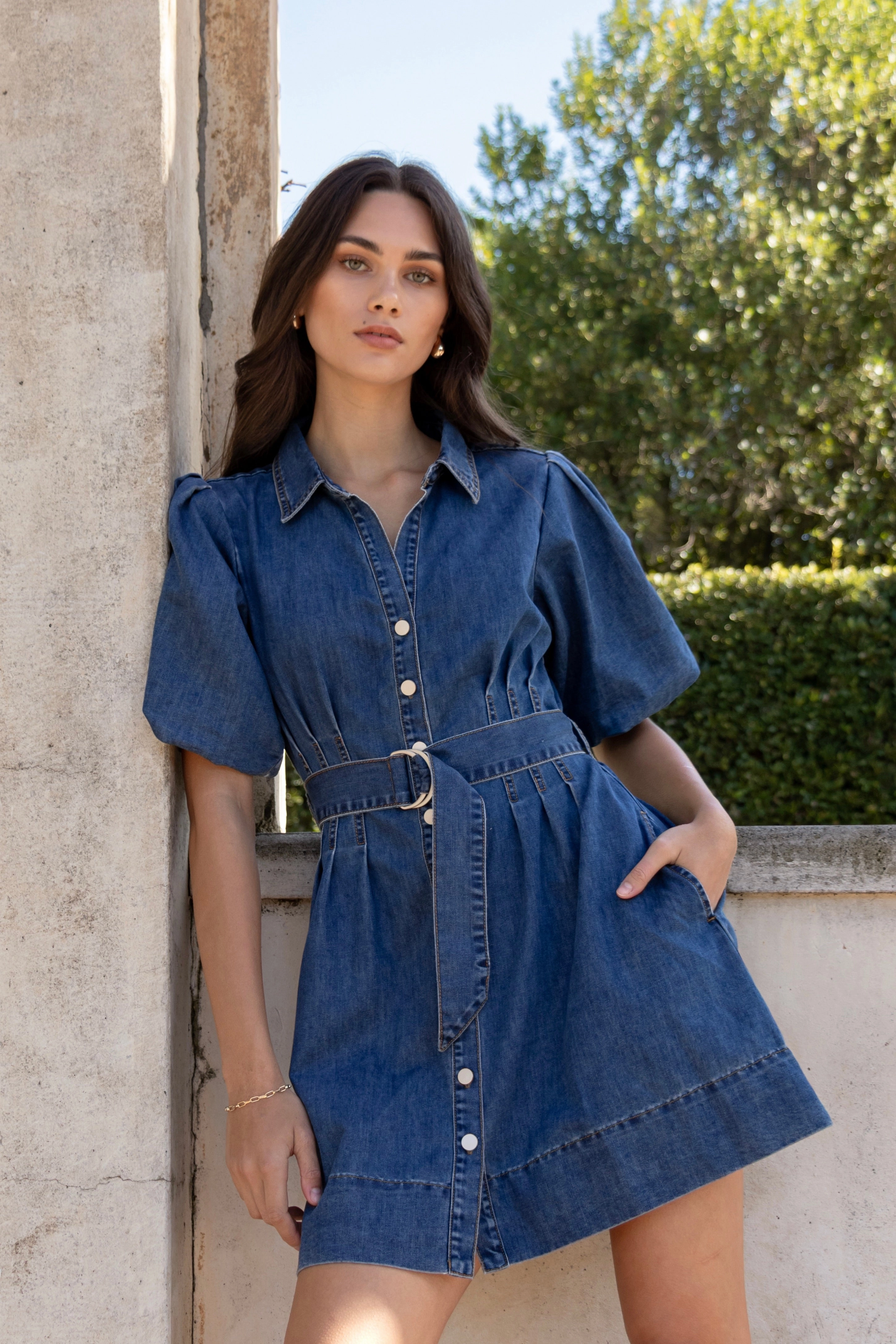 Shirred-Detail Elegant Waistband Fit Sundown Storm Blue Denim Puff Sleeve Mini Shirt Dress
