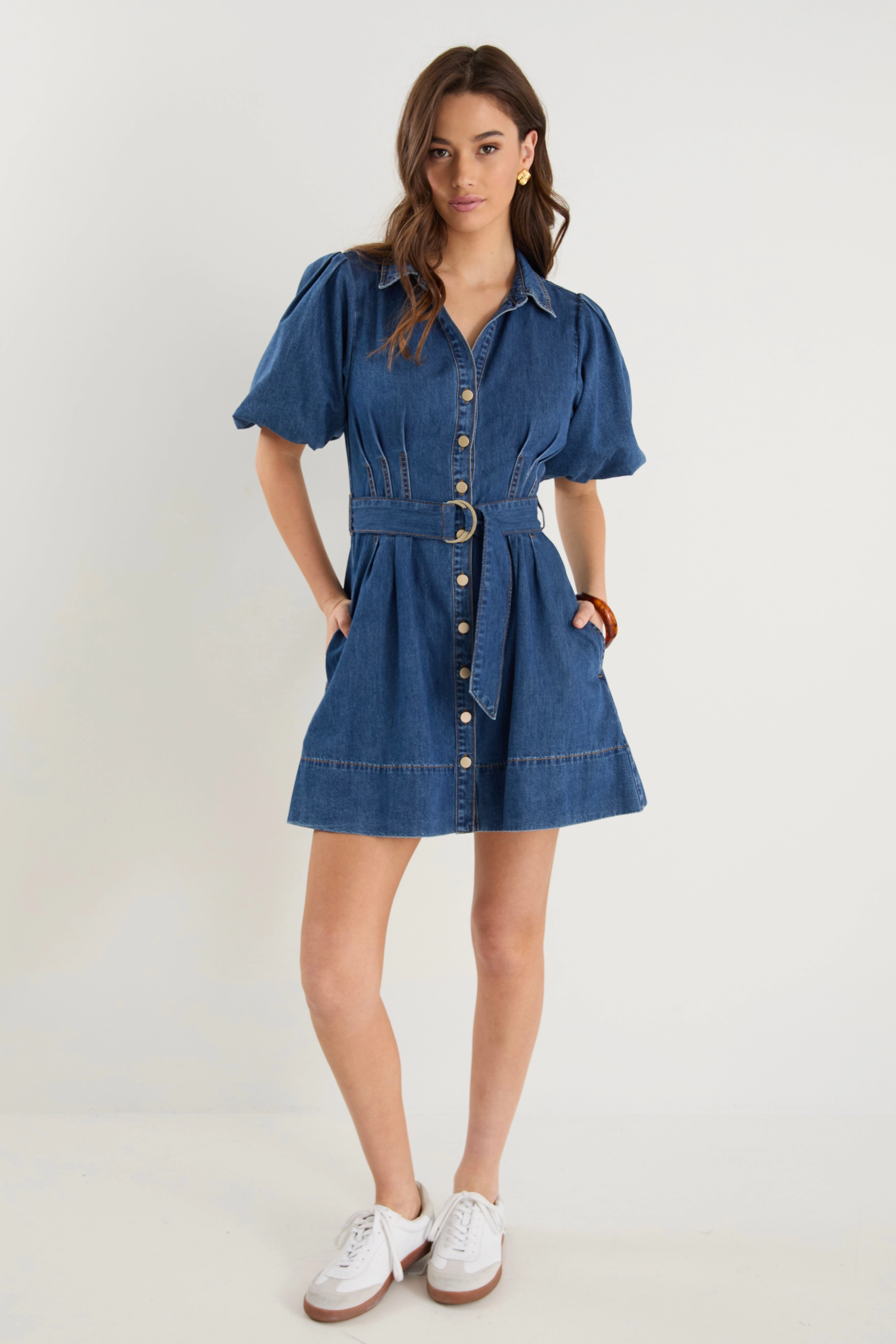 Sundown Storm Blue Denim Puff Sleeve Mini Shirt Dress Profile Enhancer Balanced Tones