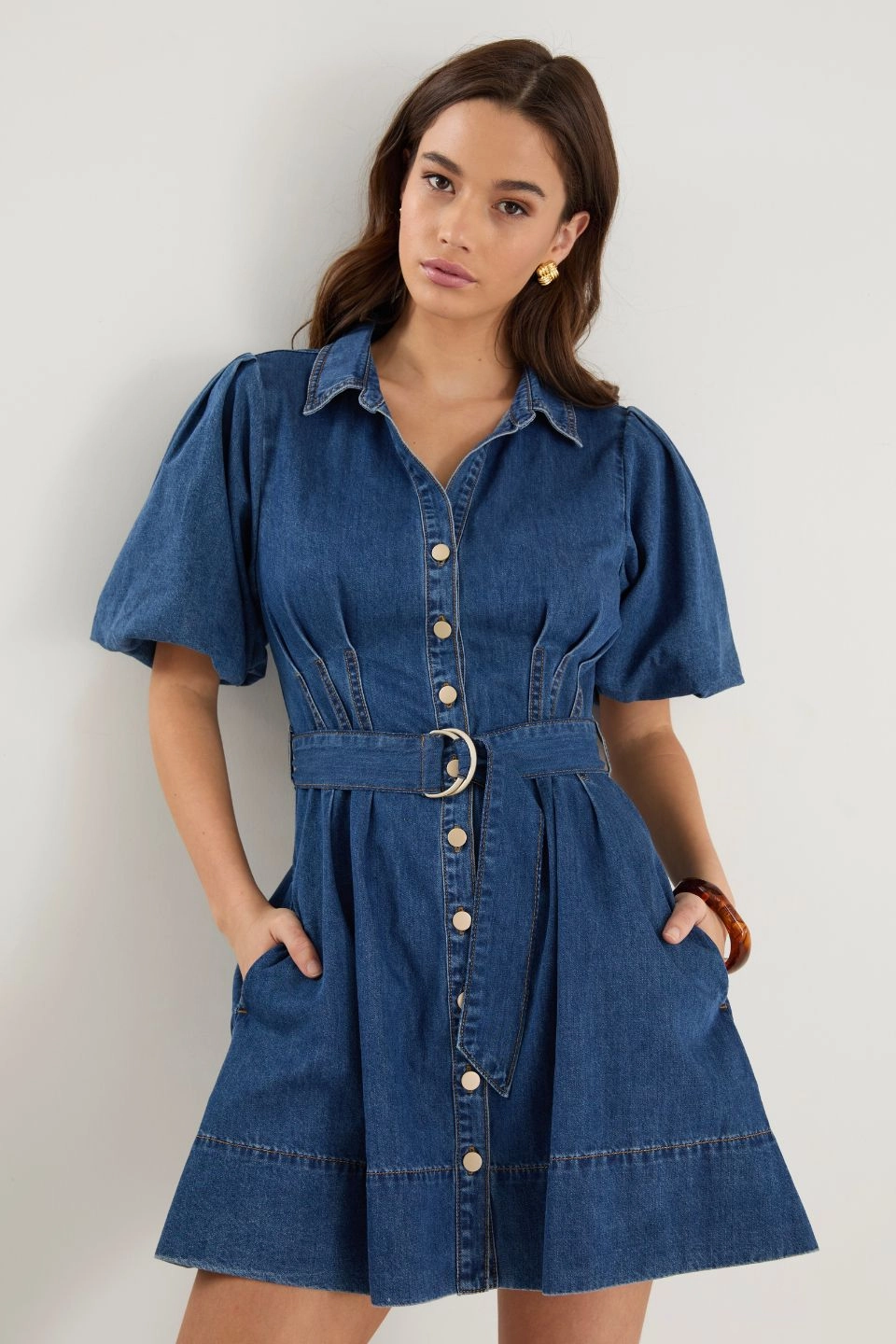 Sundown Storm Blue Denim Puff Sleeve Mini Shirt Dress Relaxing Style