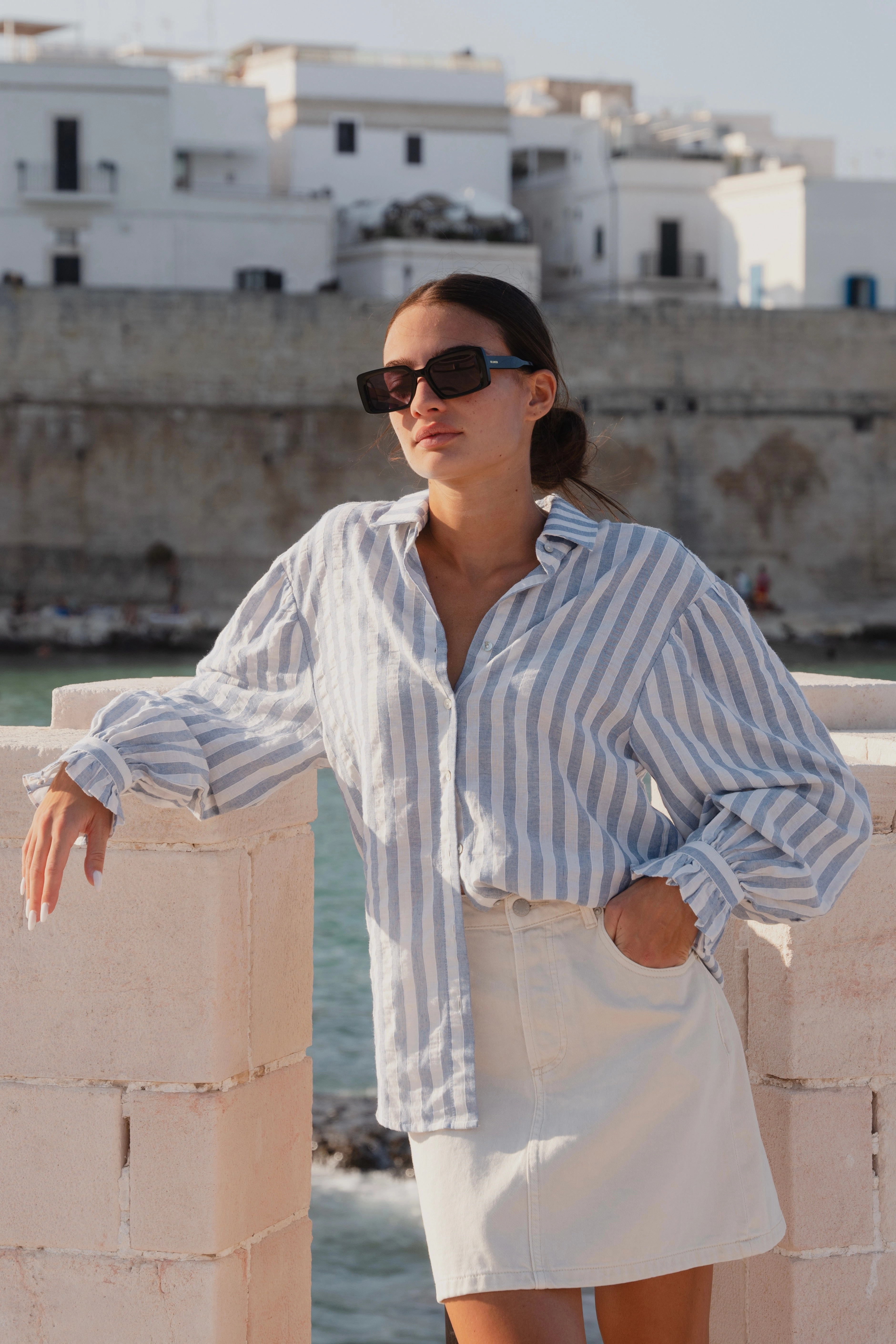 Sunny Soft Ivory Mini Denim Skirt Geometric Print