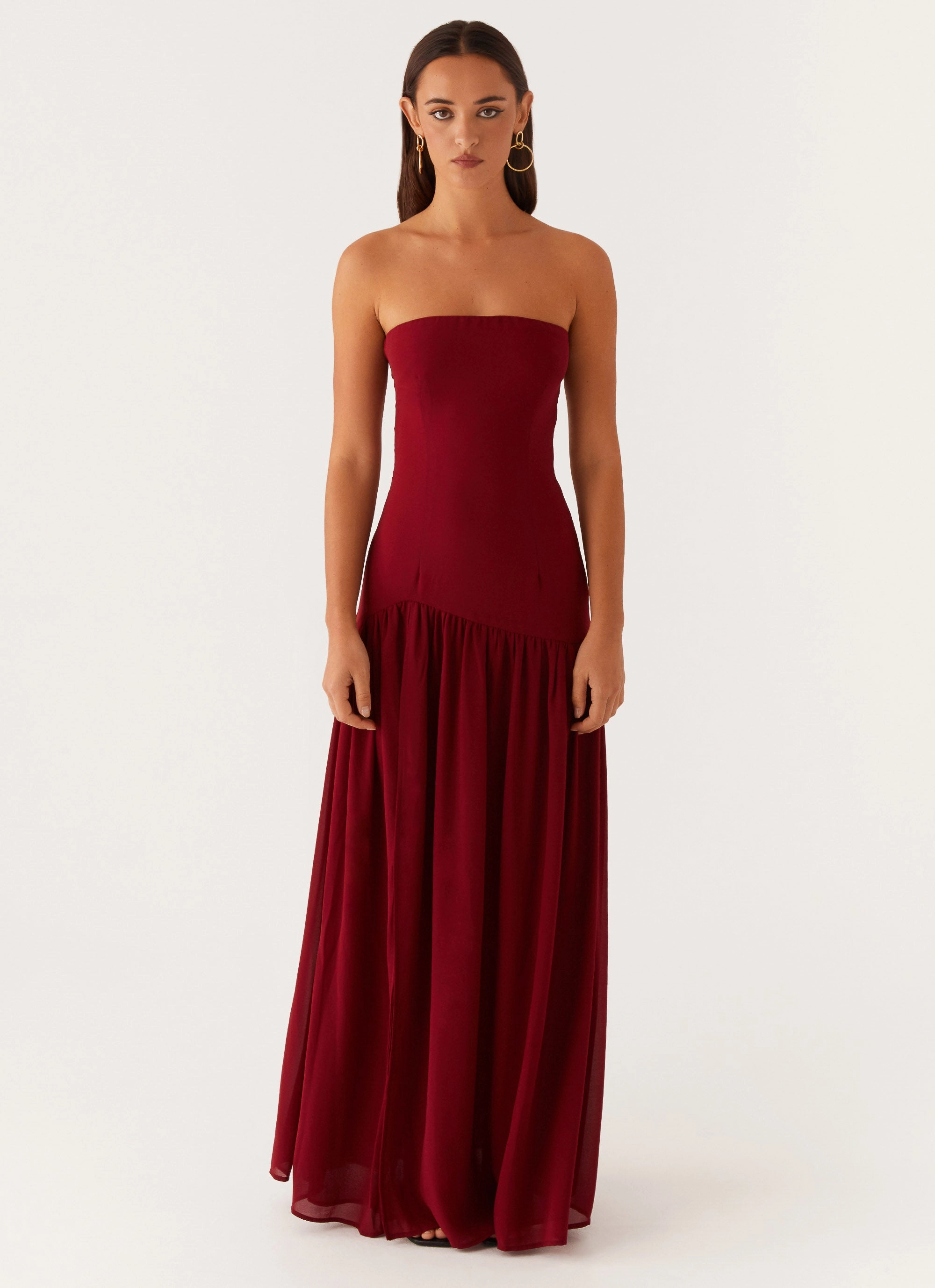 Formal dinner wear Fall Mood Eden Strapless Maxi Dress - Maroon
