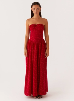 Elastic-Cuff Sleek Layer Adira Maxi Dress - Red