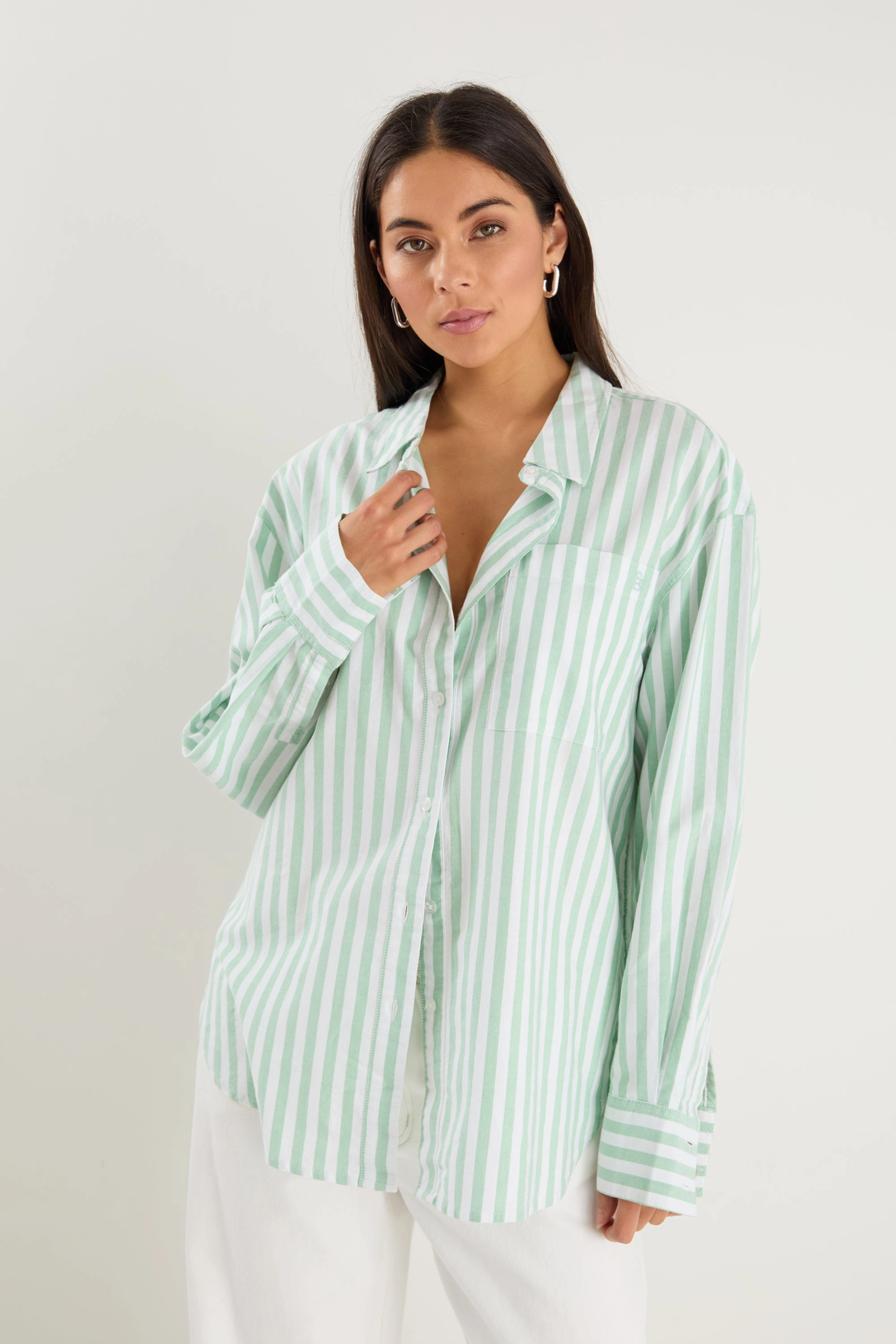 You Got This Green Wide Stripe Oversized Boyfriend Shirt Ventilated Back Panels Lightweight Layering Option