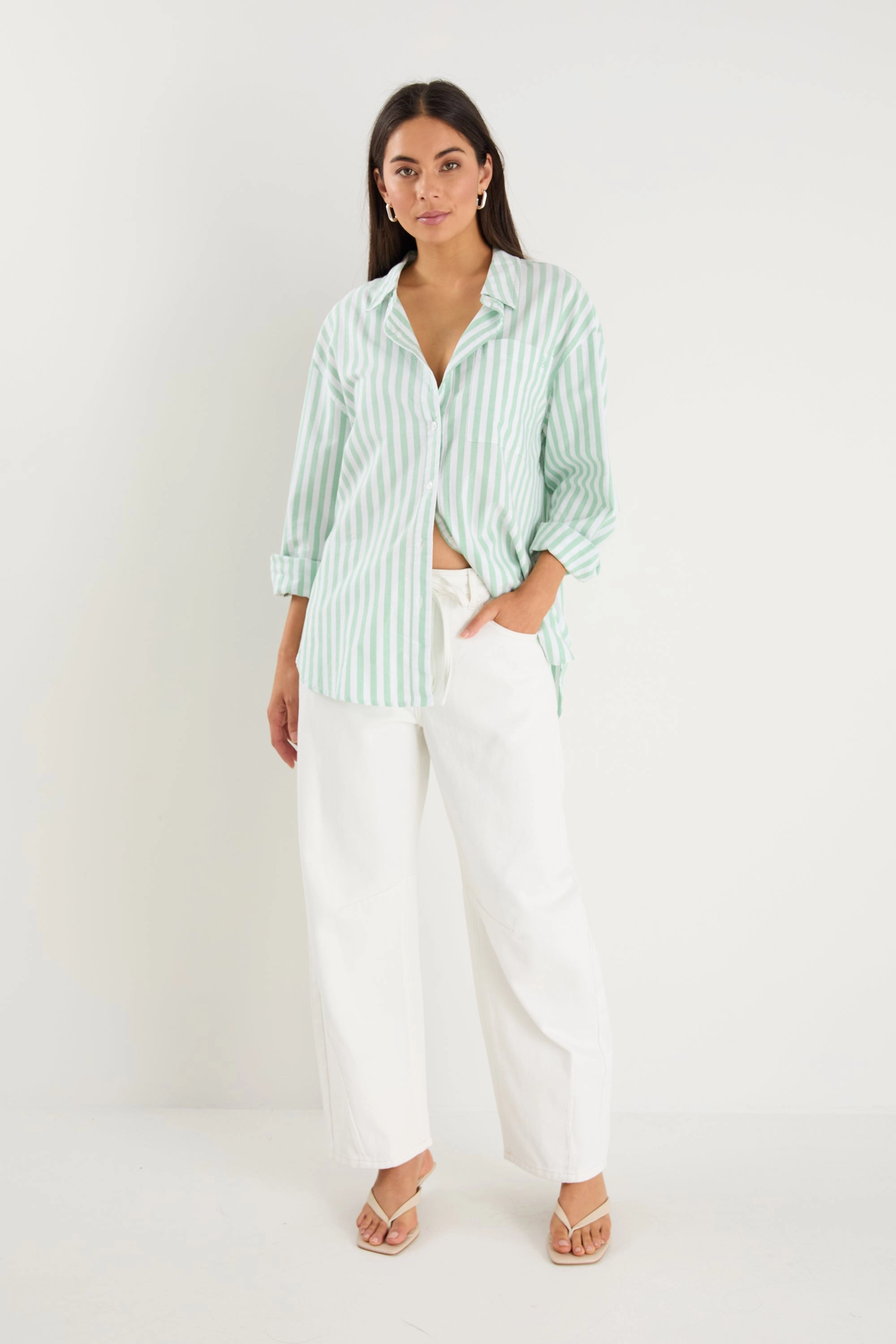 Versatile Base Layer Elegant Look You Got This Green Wide Stripe Oversized Boyfriend Shirt