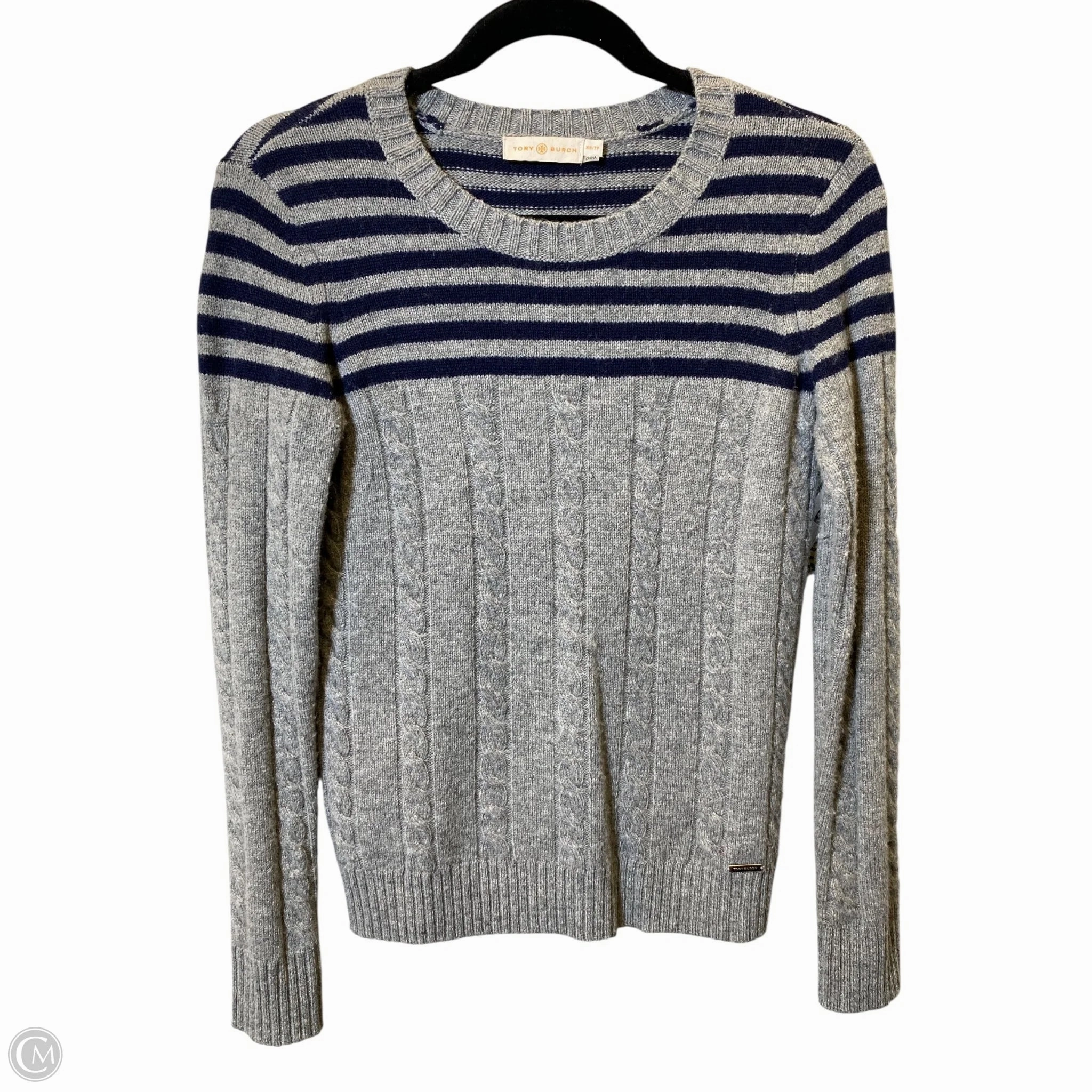 Comfortable knit piece Light Knitwear Sweater Designer By Tory Burch In Blue & Grey, Size: Xs
