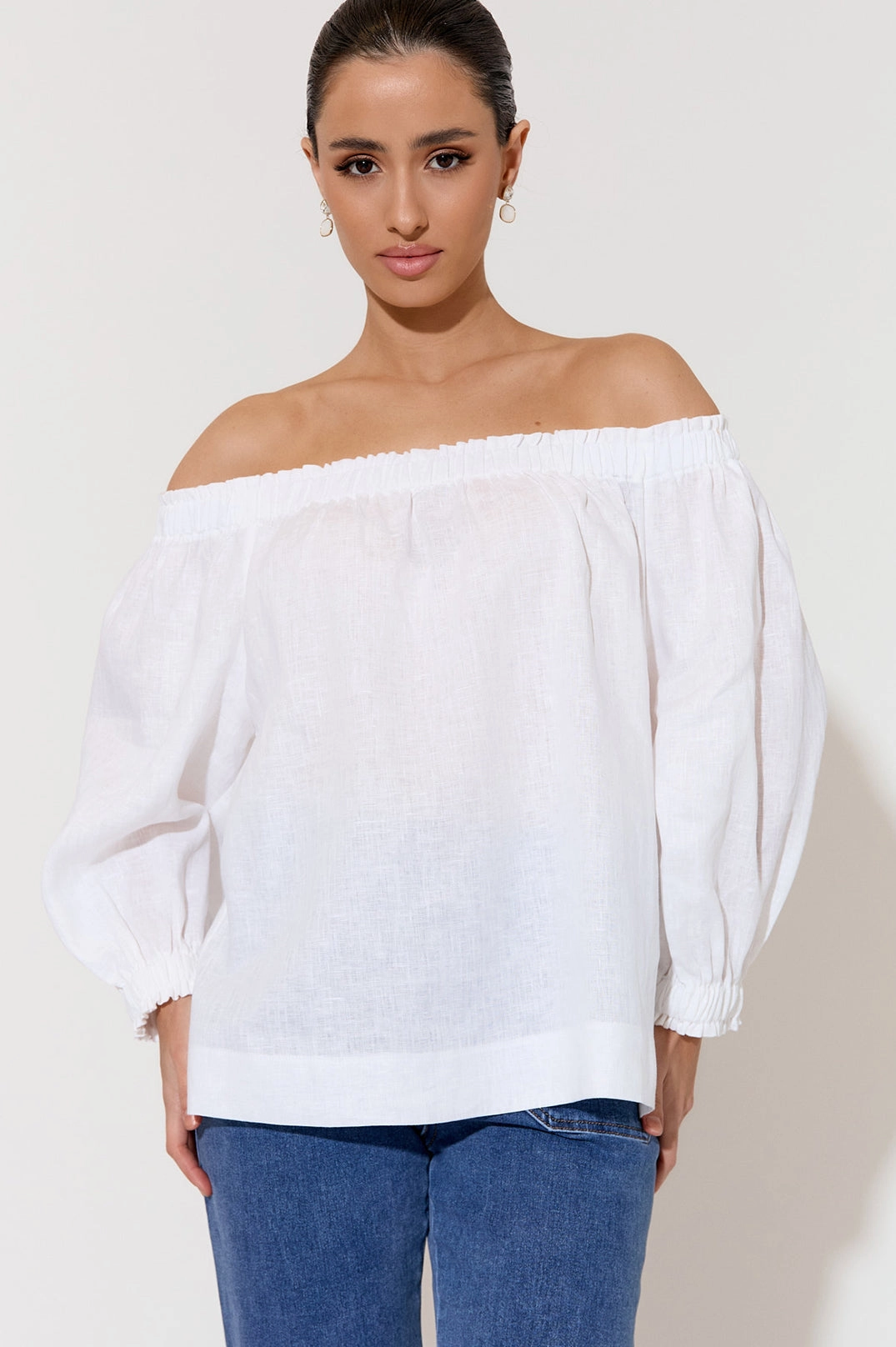 Crystal White Linen Off The Shoulder Top QuickDrySystem Multipanel Construction