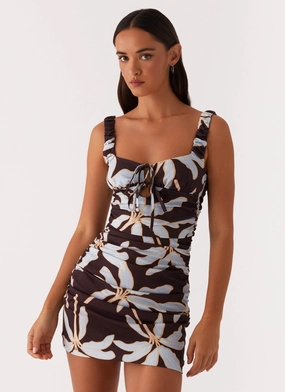 Sweet Melody Ruched Mini Dress - Opulent Brown Bare Arm