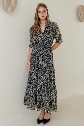 Charlie Charcoal Animal SS V Neck Tiered Midi Dress Modern Lines Day Romance