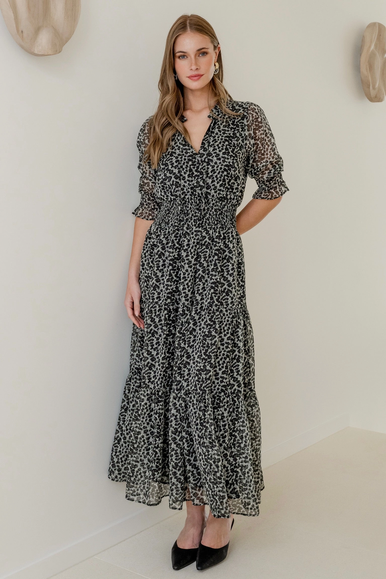 Charlie Charcoal Animal SS V Neck Tiered Midi Dress Modern Lines Day Romance