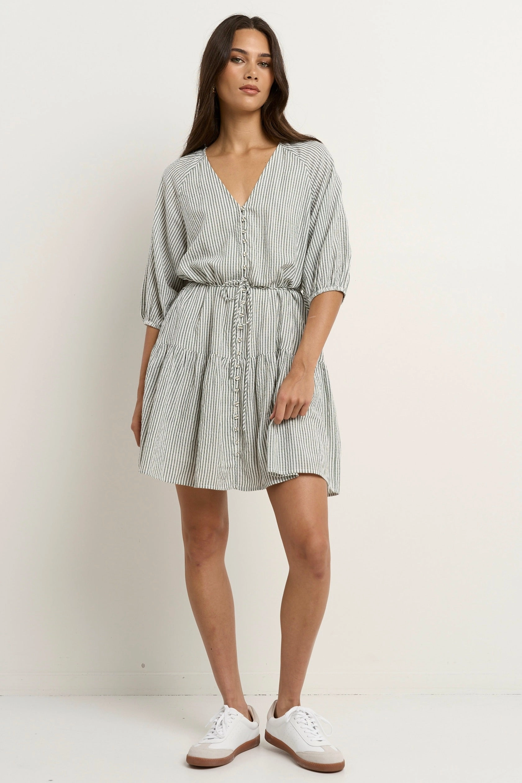 Switch Khaki Stripe Puff Sleeve Button Front Mini Dress Mid Season