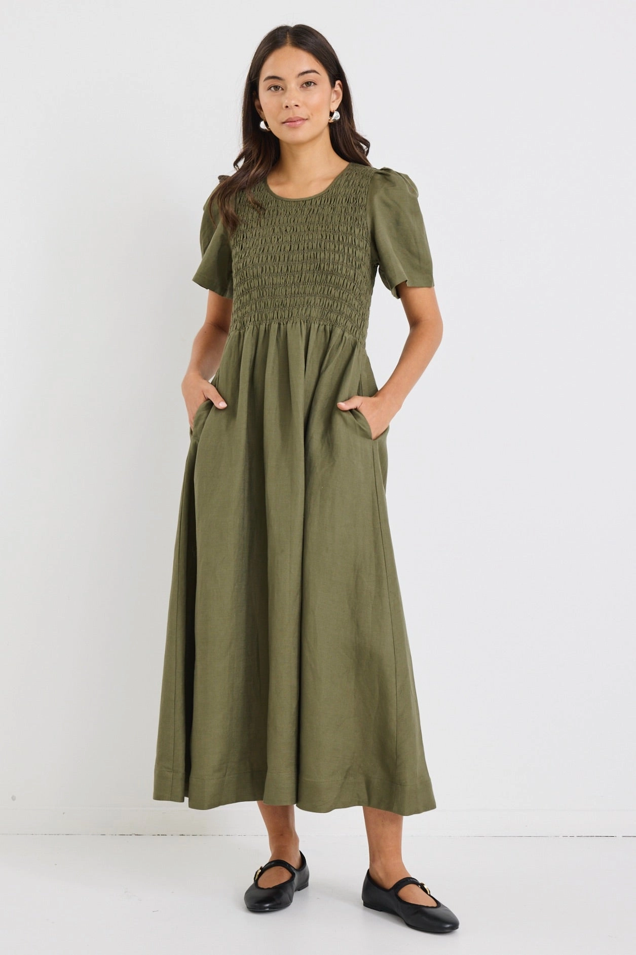 Wren Khaki Linen Blend SS Shirred Bodice Midi Dress Fall Mood