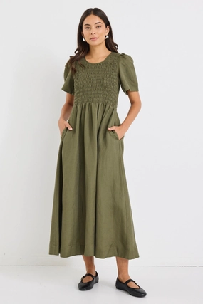 Wren Khaki Linen Blend SS Shirred Bodice Midi Dress Fall Mood