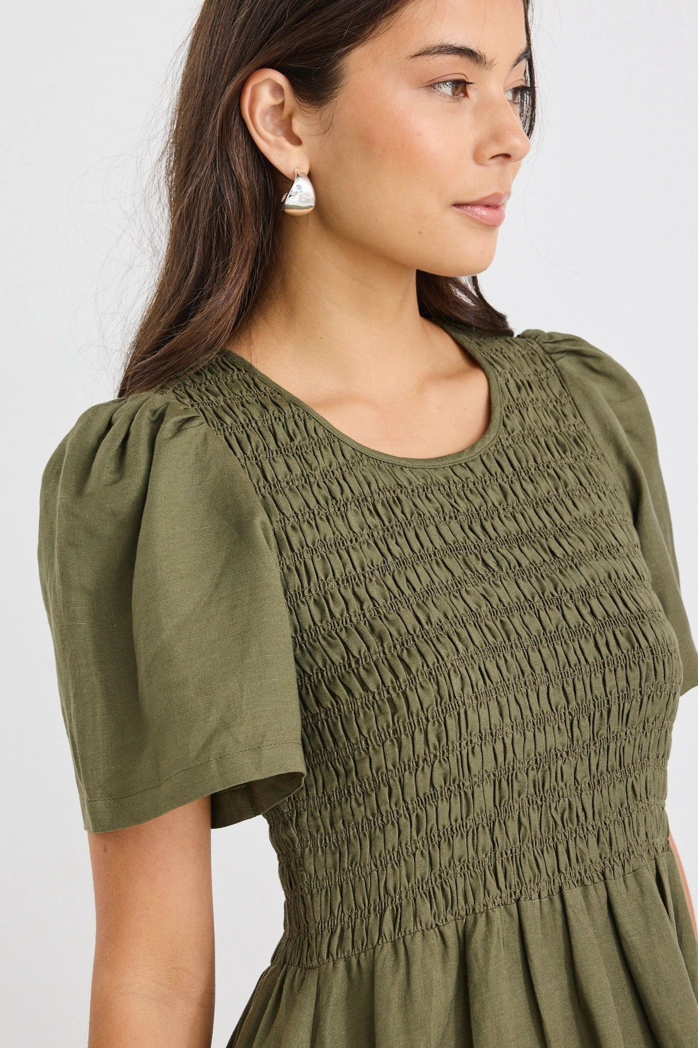 Wren Khaki Linen Blend SS Shirred Bodice Midi Dress Floor-Length