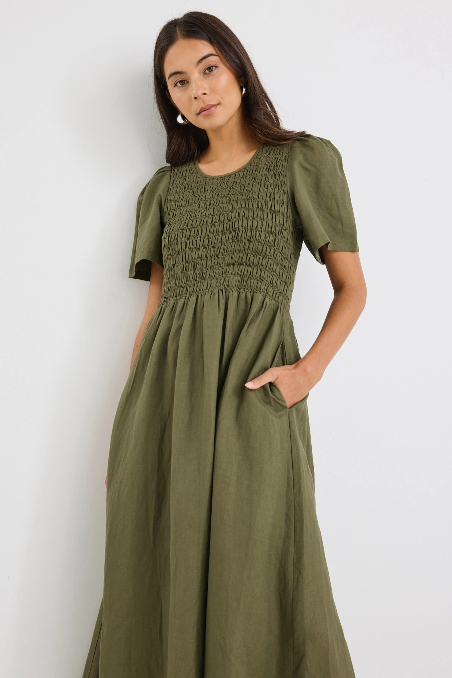 Simple formal dress Wren Khaki Linen Blend SS Shirred Bodice Midi Dress