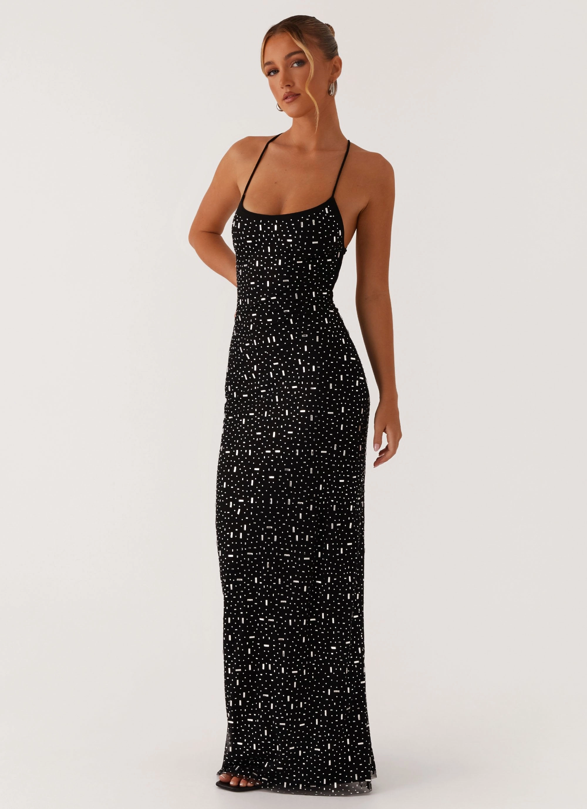 Silky Surface Cressida Rhinestone Mesh Maxi Dress - Black