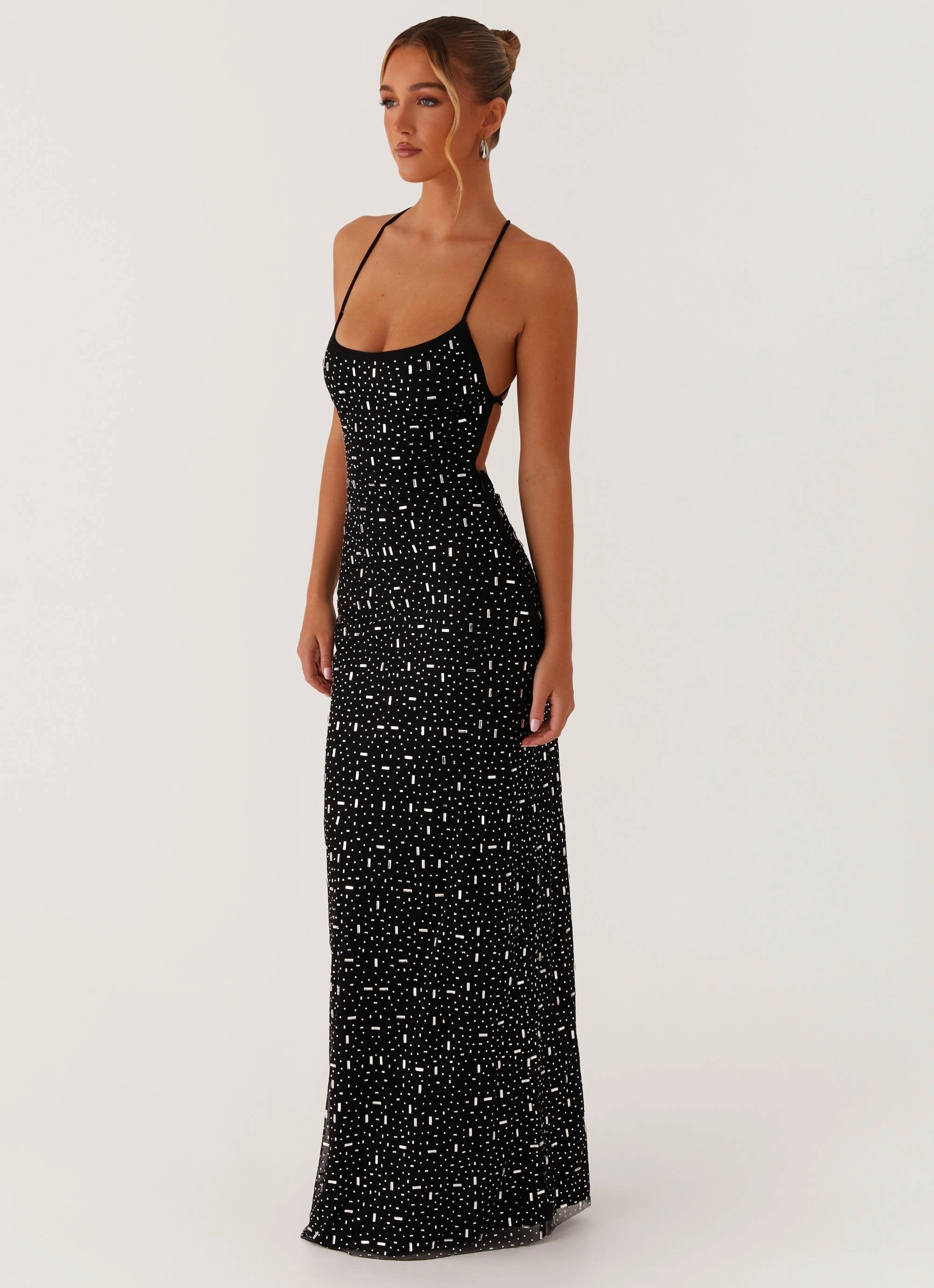 Vibrant Tone Cressida Rhinestone Mesh Maxi Dress - Black