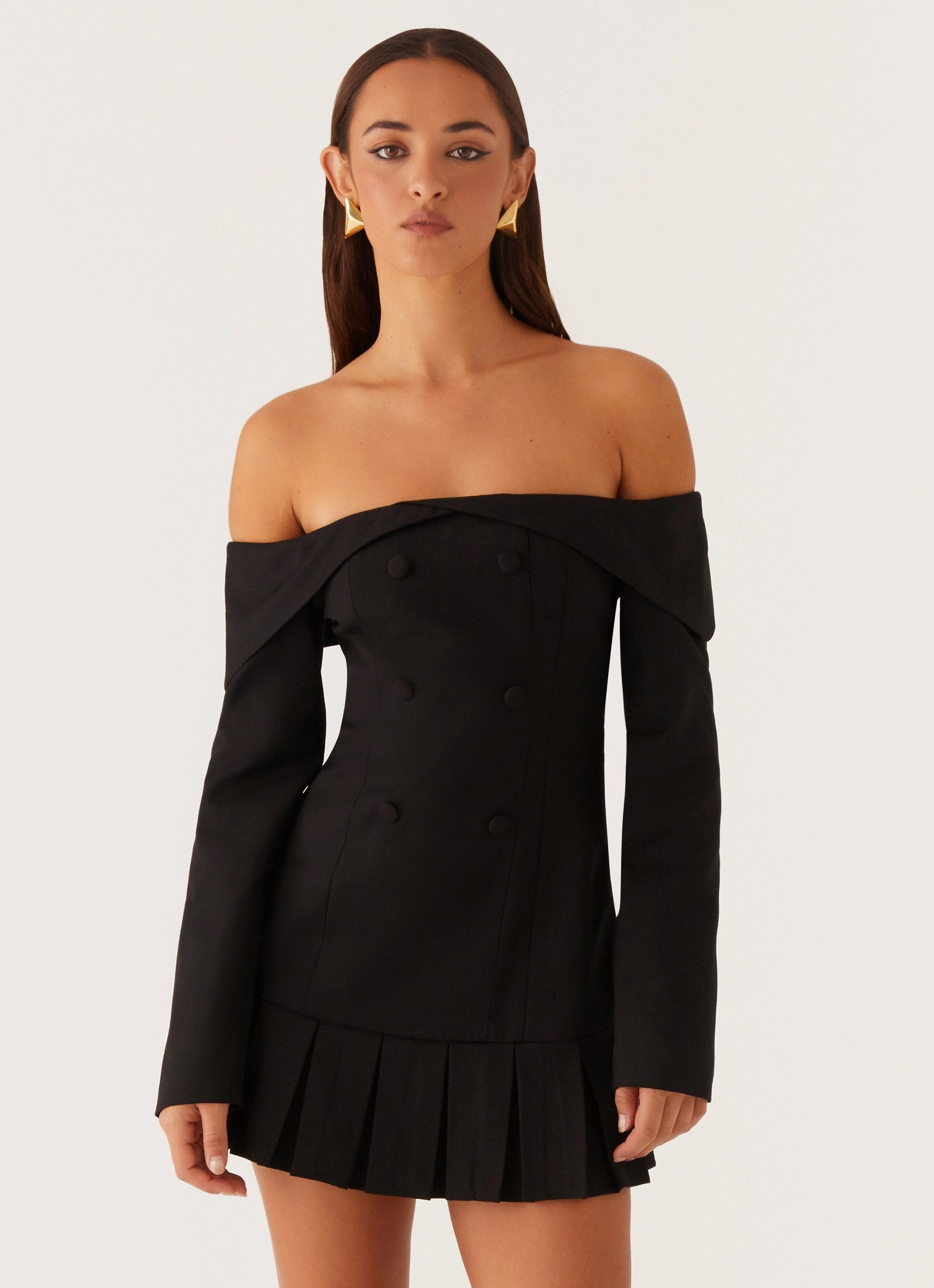 Tarlisha Off Shoulder Long Sleeve Mini Dress - Black Embroidered-Detail Chilly Weather Layer