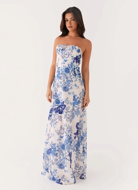Tayla Linen Maxi Dress - Serene Sky Floral Semi Formal