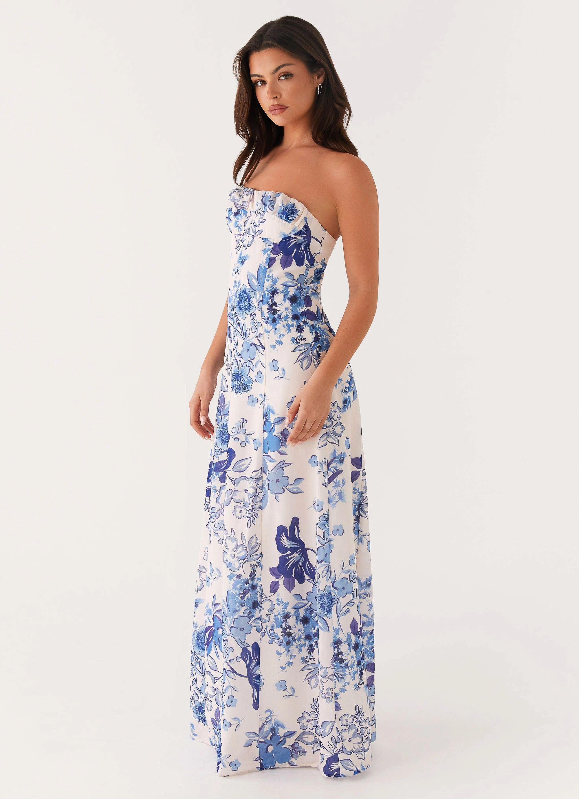 Tayla Linen Maxi Dress - Serene Sky Floral Subtle Detail Street Mood