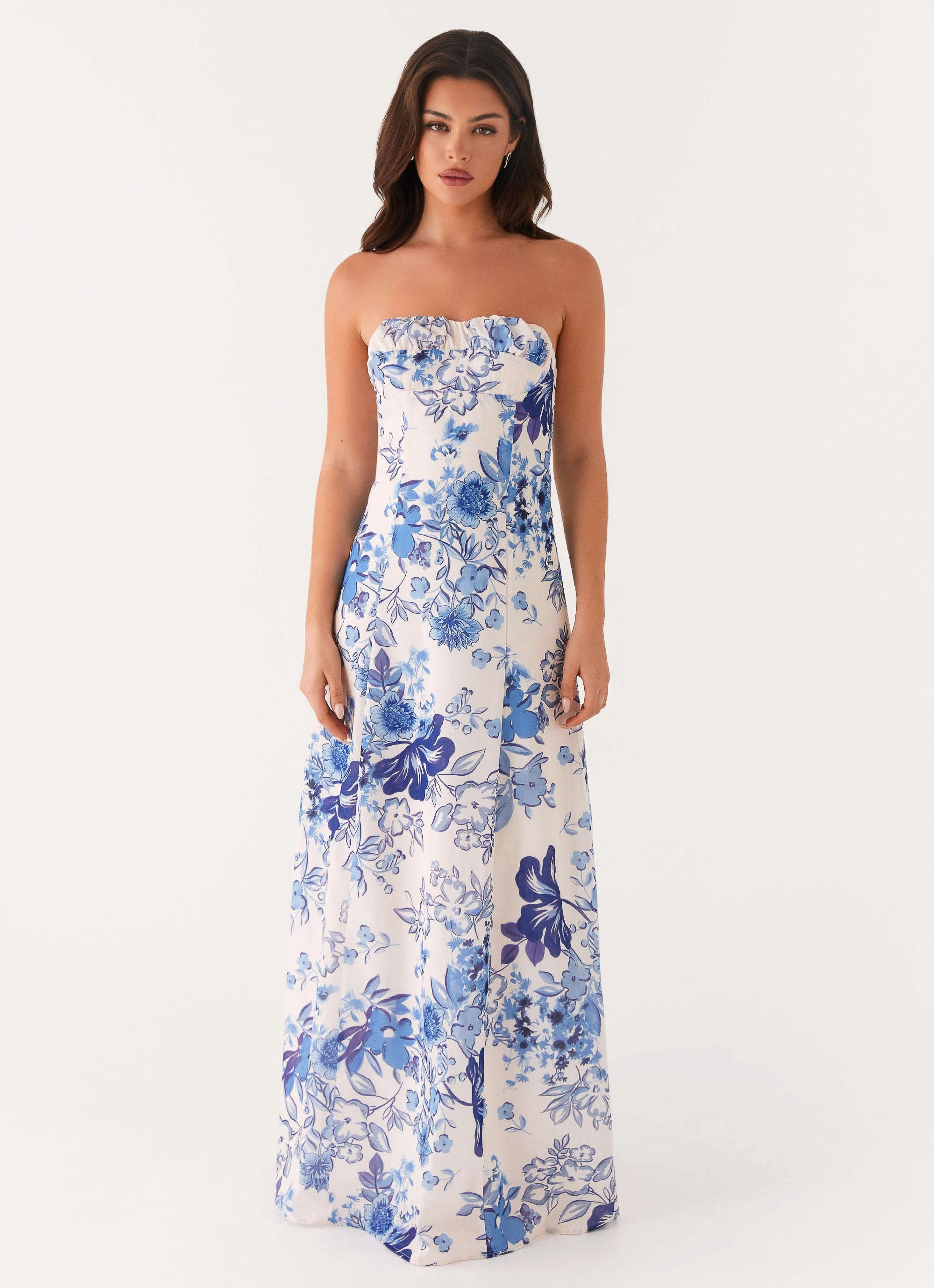 Sweetheart Cut Polished Tailoring Tayla Linen Maxi Dress - Serene Sky Floral