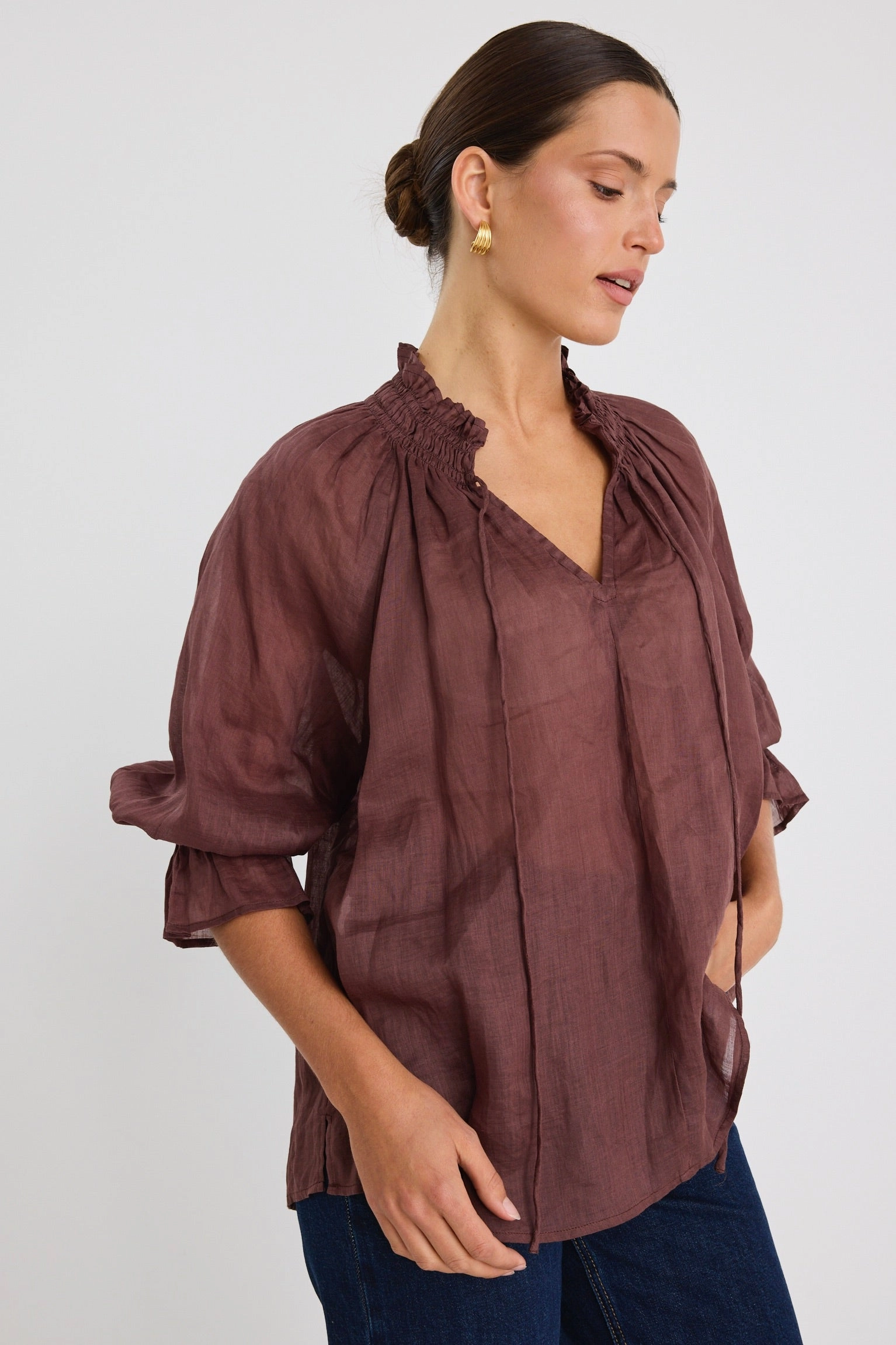 StaticResistantFabric WrinkleResistantFinish Expedition Chocolate Ramie Shirred Neck Short Sleeve Top